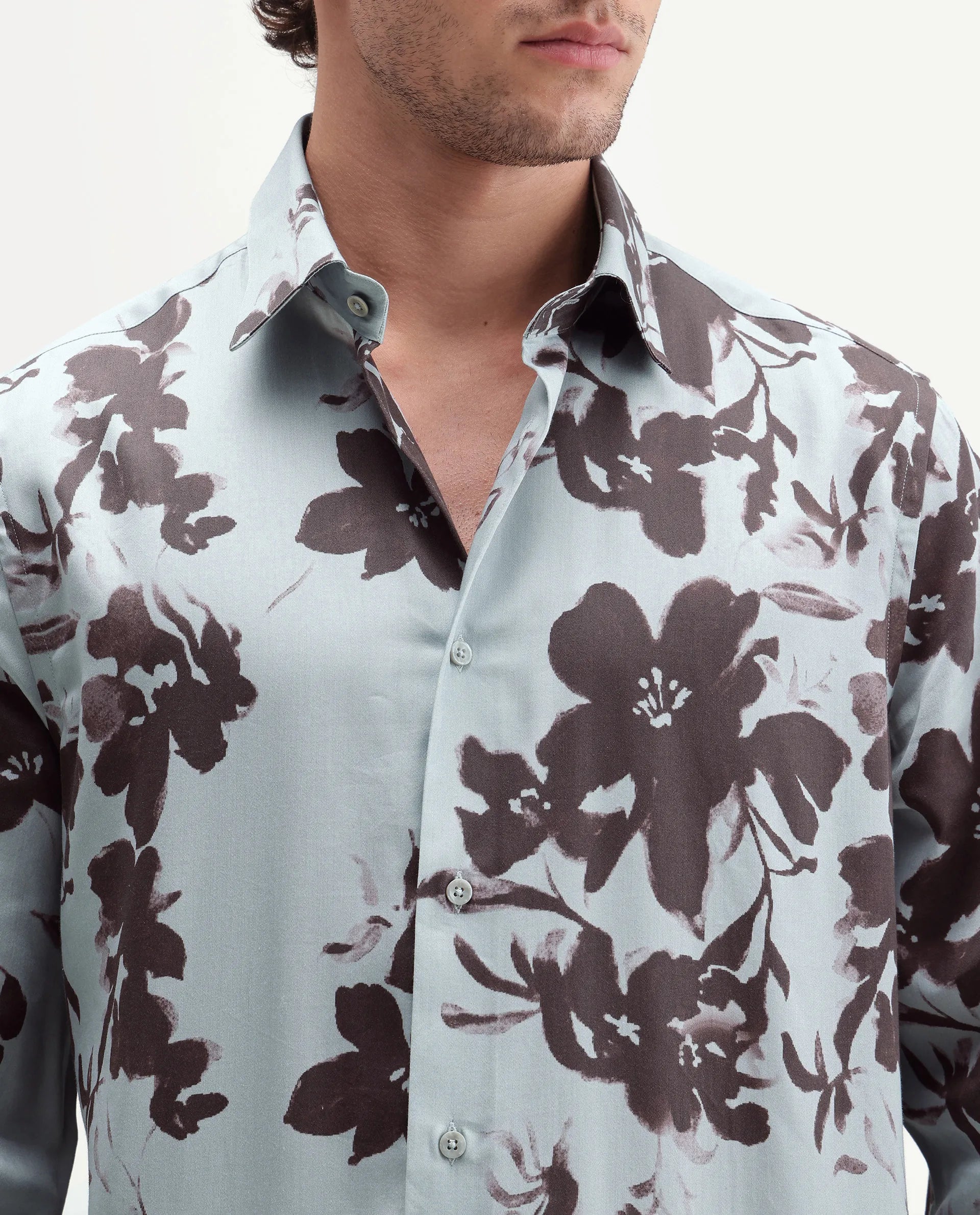 Rare Rabbit Men's Flora Pastel Blue Cotton Spread Collar Regular Floral Print Shirt