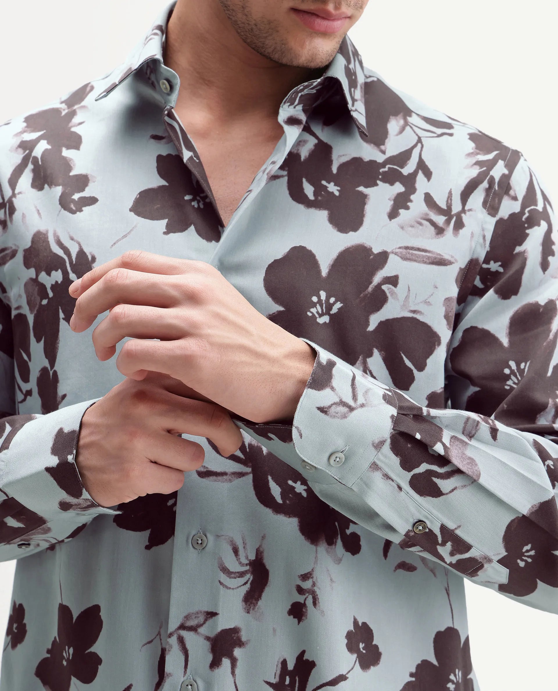 Rare Rabbit Men's Flora Pastel Blue Cotton Spread Collar Regular Floral Print Shirt