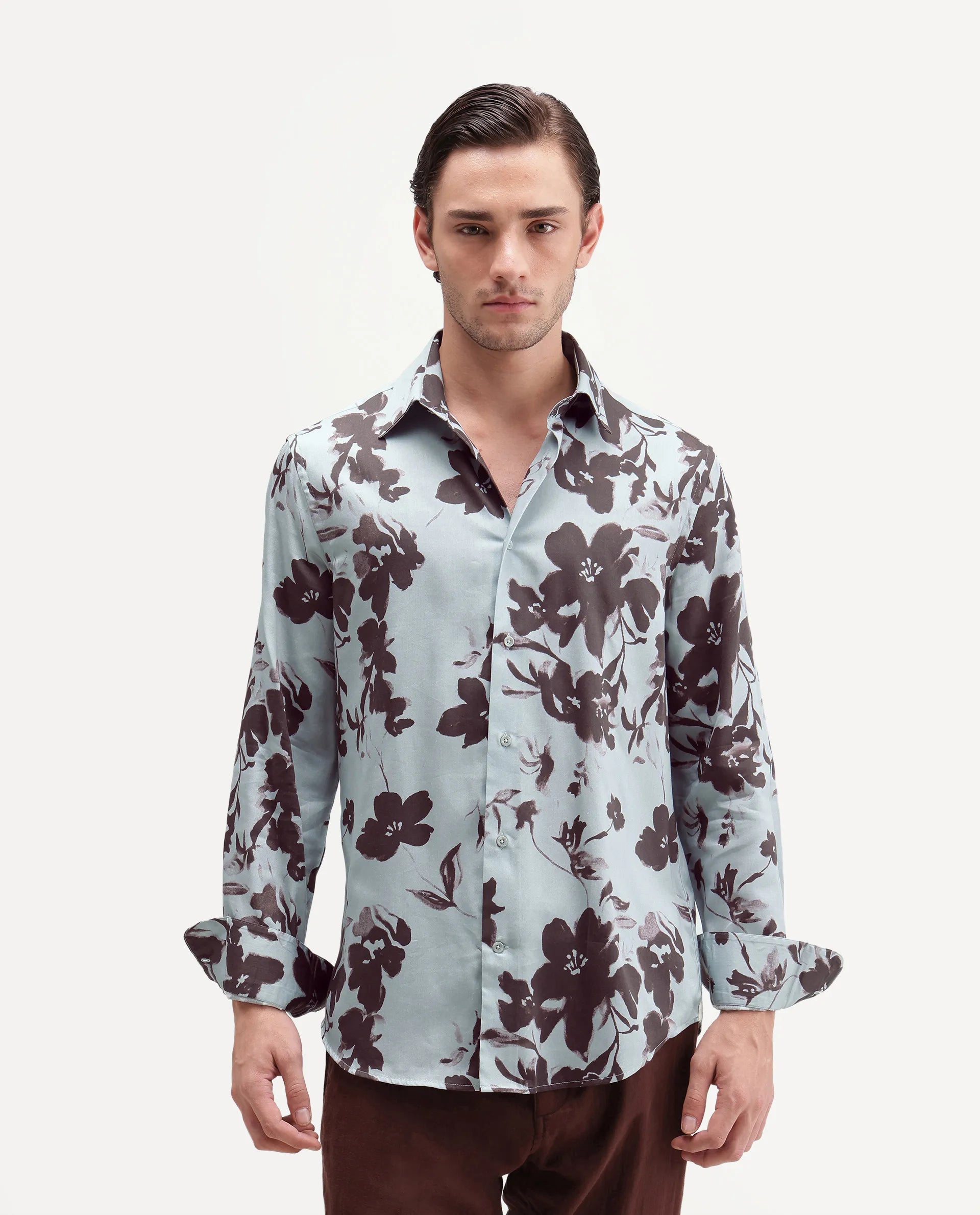 Rare Rabbit Men's Flora Pastel Blue Cotton Spread Collar Regular Floral Print Shirt