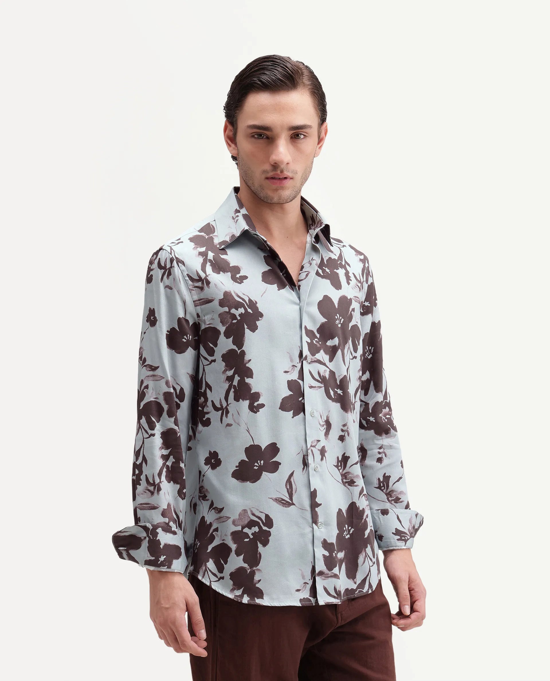 Rare Rabbit Men's Flora Pastel Blue Cotton Spread Collar Regular Floral Print Shirt