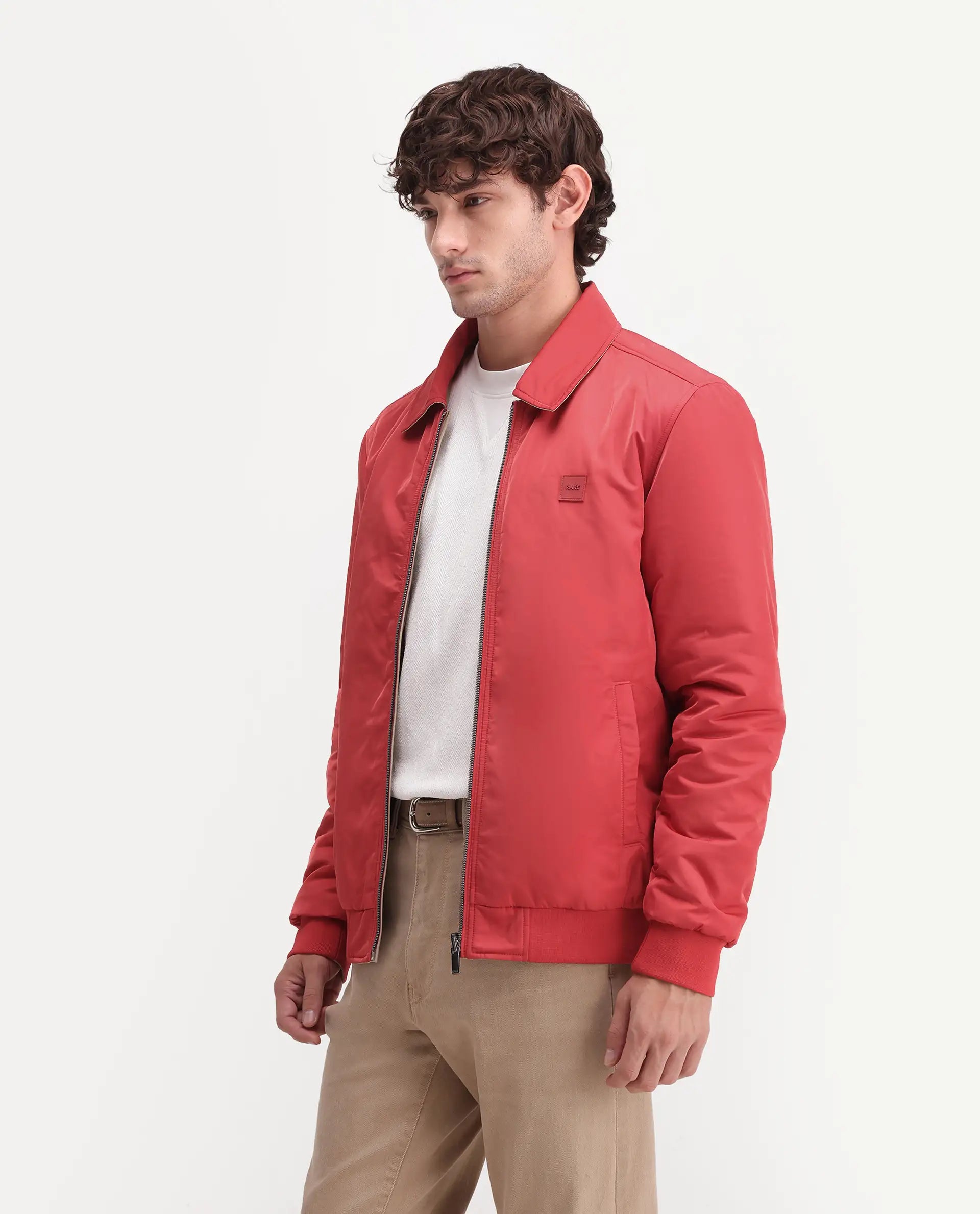 Rare Rabbit Men's Roy Dark Red Polyester High Neck Regular Plain Jacket