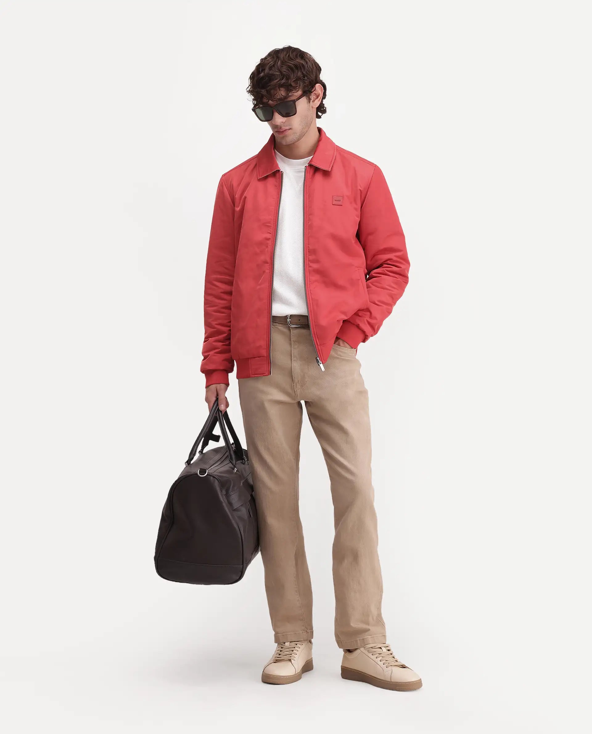 Rare Rabbit Men's Roy Dark Red Polyester High Neck Regular Plain Jacket