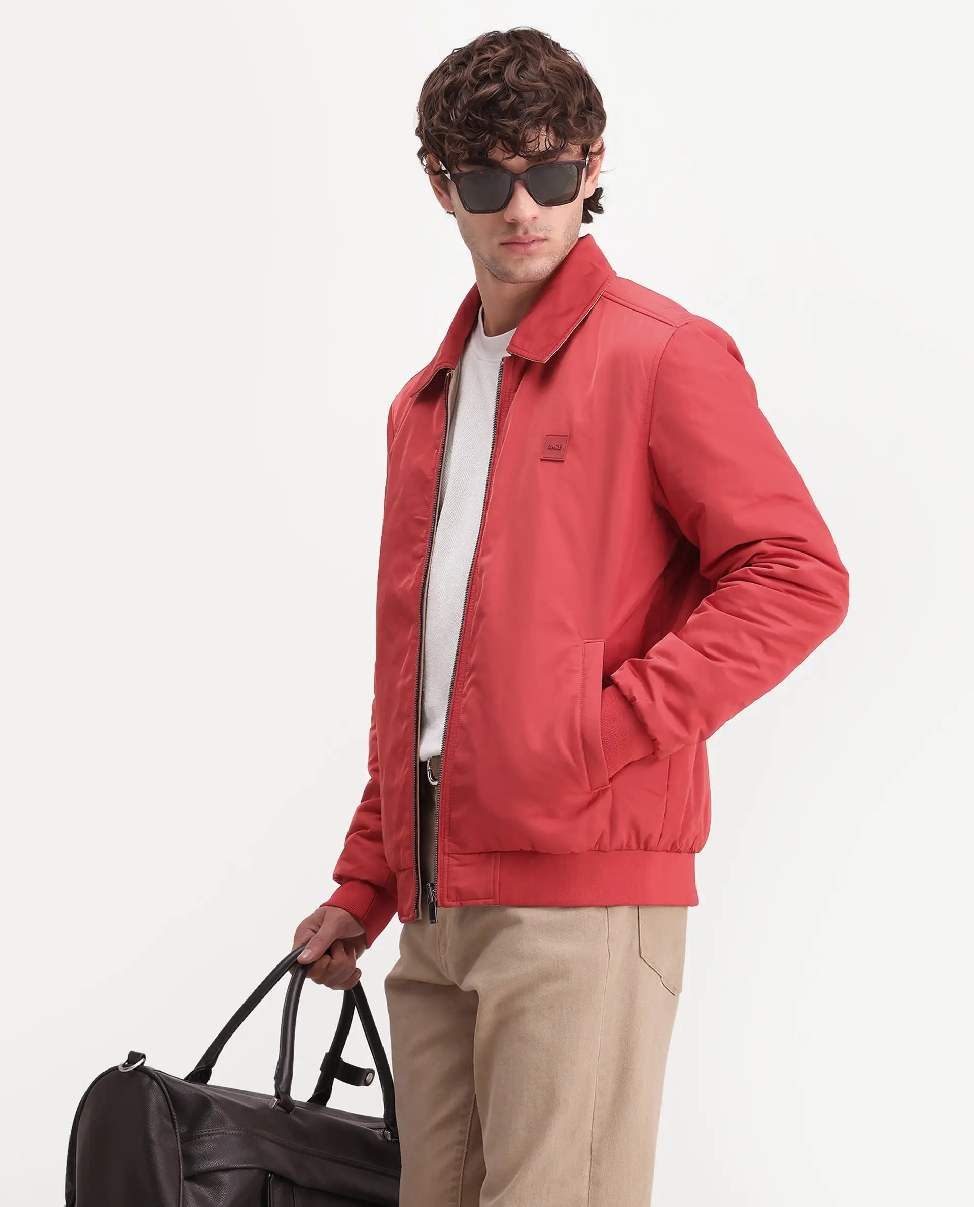 Rare Rabbit Men's Roy Dark Red Polyester High Neck Regular Plain Jacket