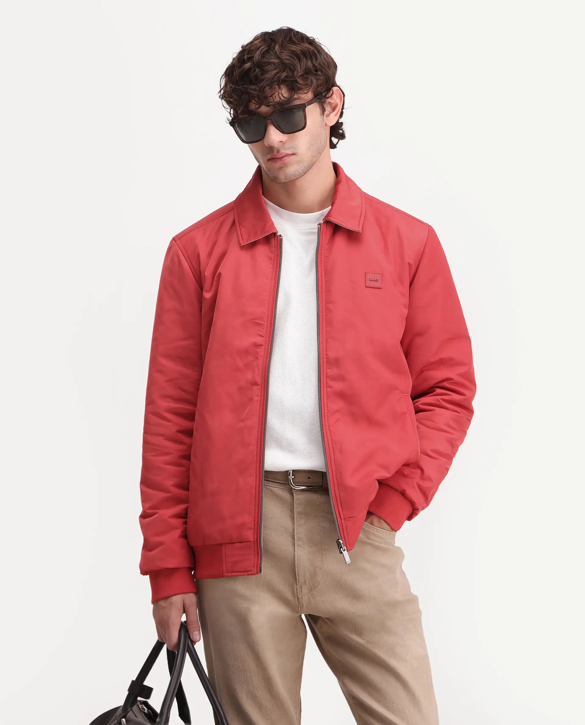Rare Rabbit Men's Roy Dark Red Polyester High Neck Regular Plain Jacket