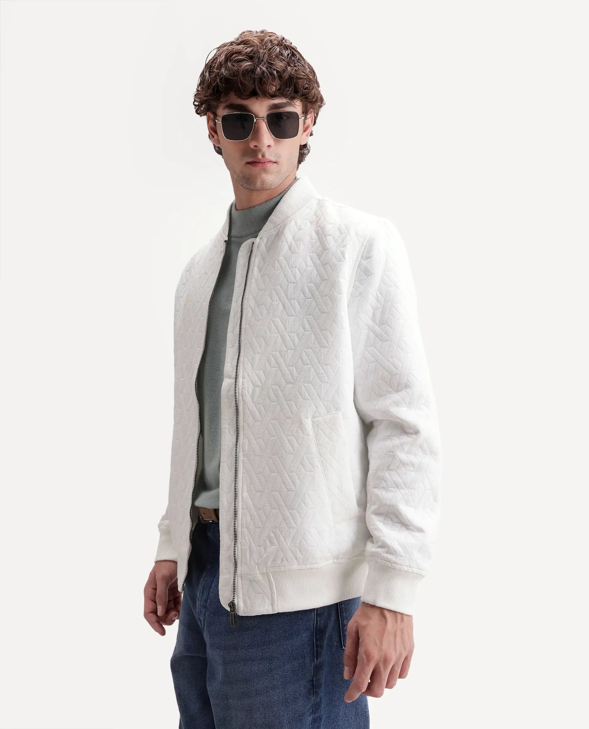 Rare Rabbit Men's Orin Primary White Polyester Blend Ribbed Collar Regular Jacquard Jacket