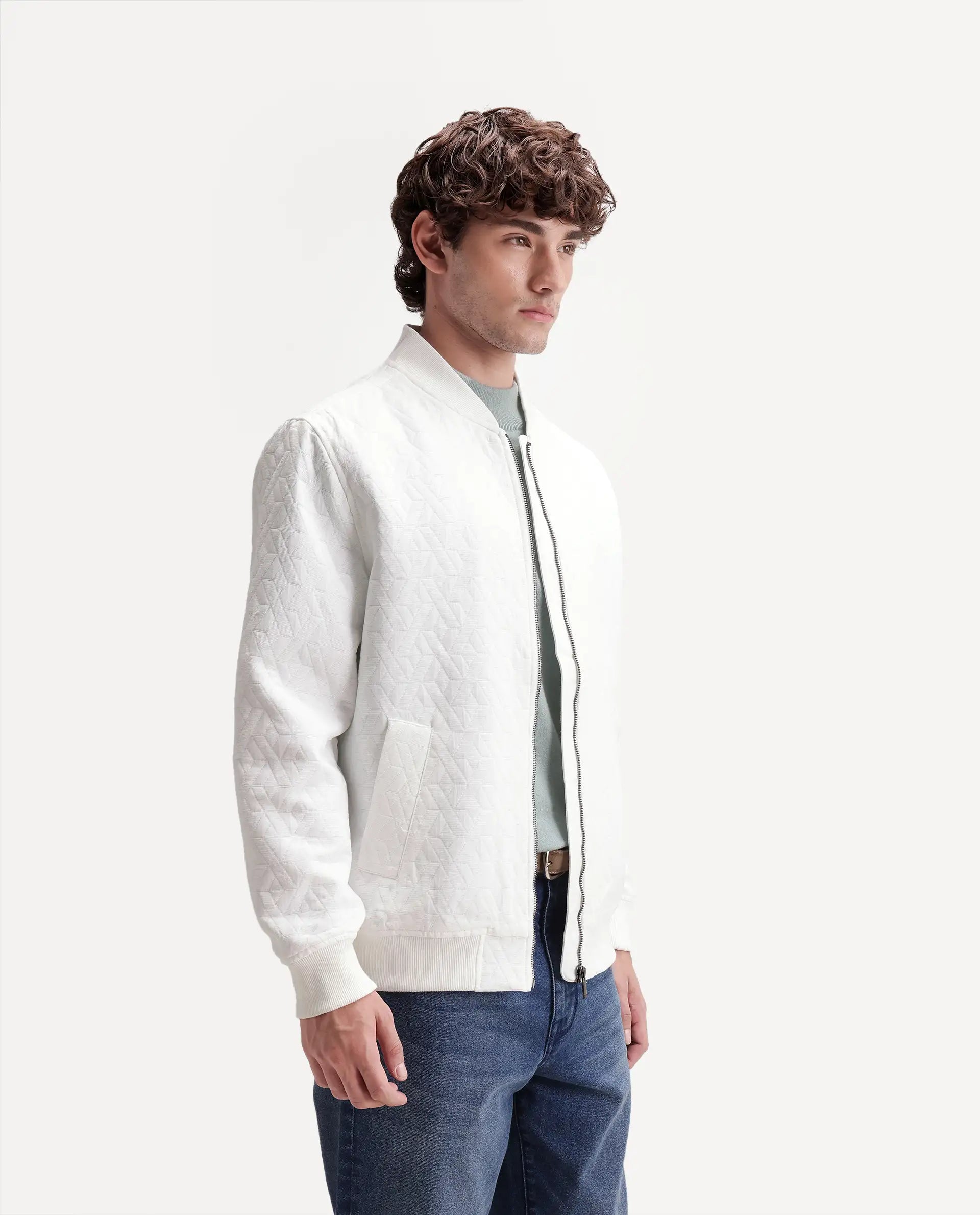 Rare Rabbit Men's Orin Primary White Polyester Blend Ribbed Collar Regular Jacquard Jacket