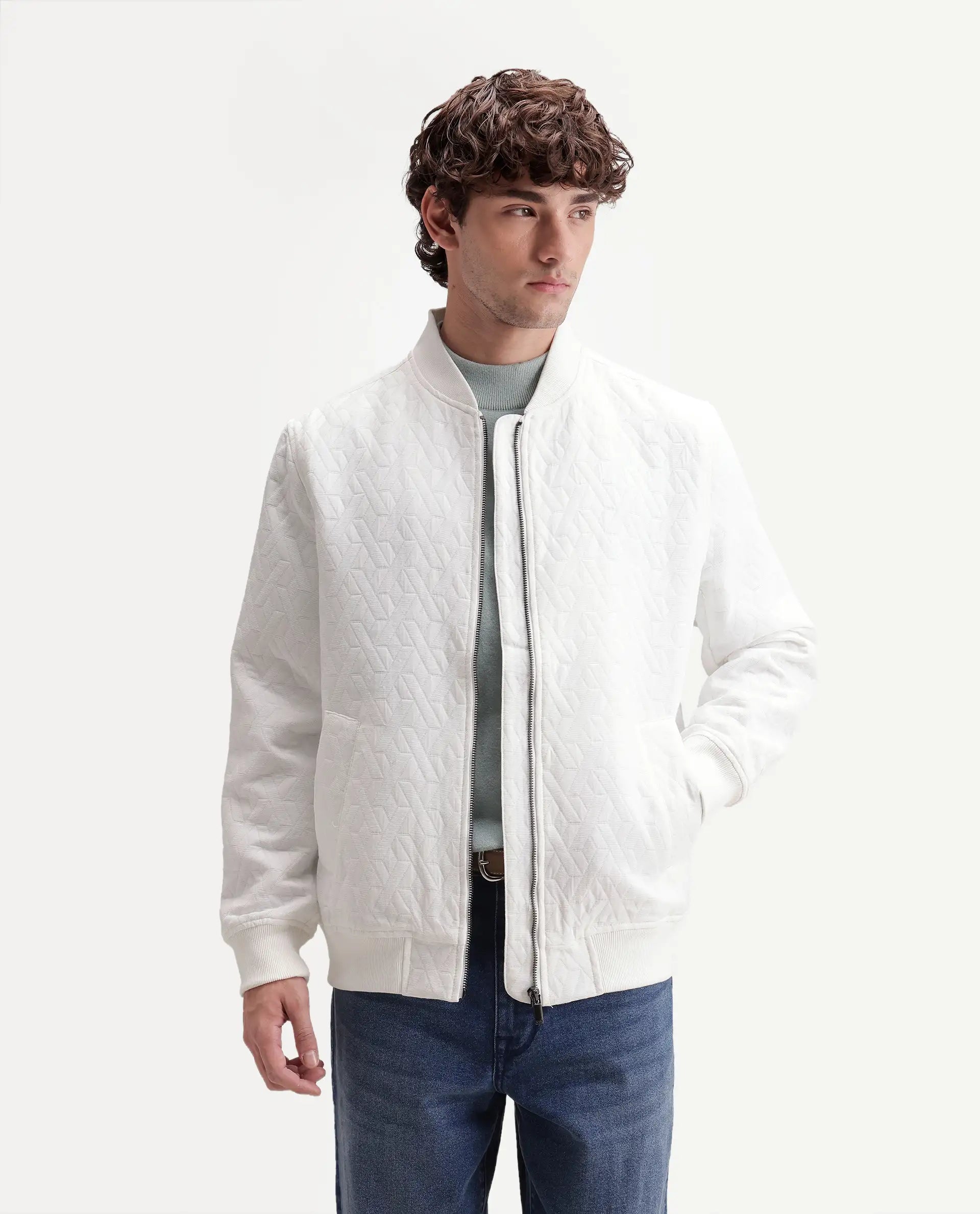 Rare Rabbit Men's Orin Primary White Polyester Blend Ribbed Collar Regular Jacquard Jacket