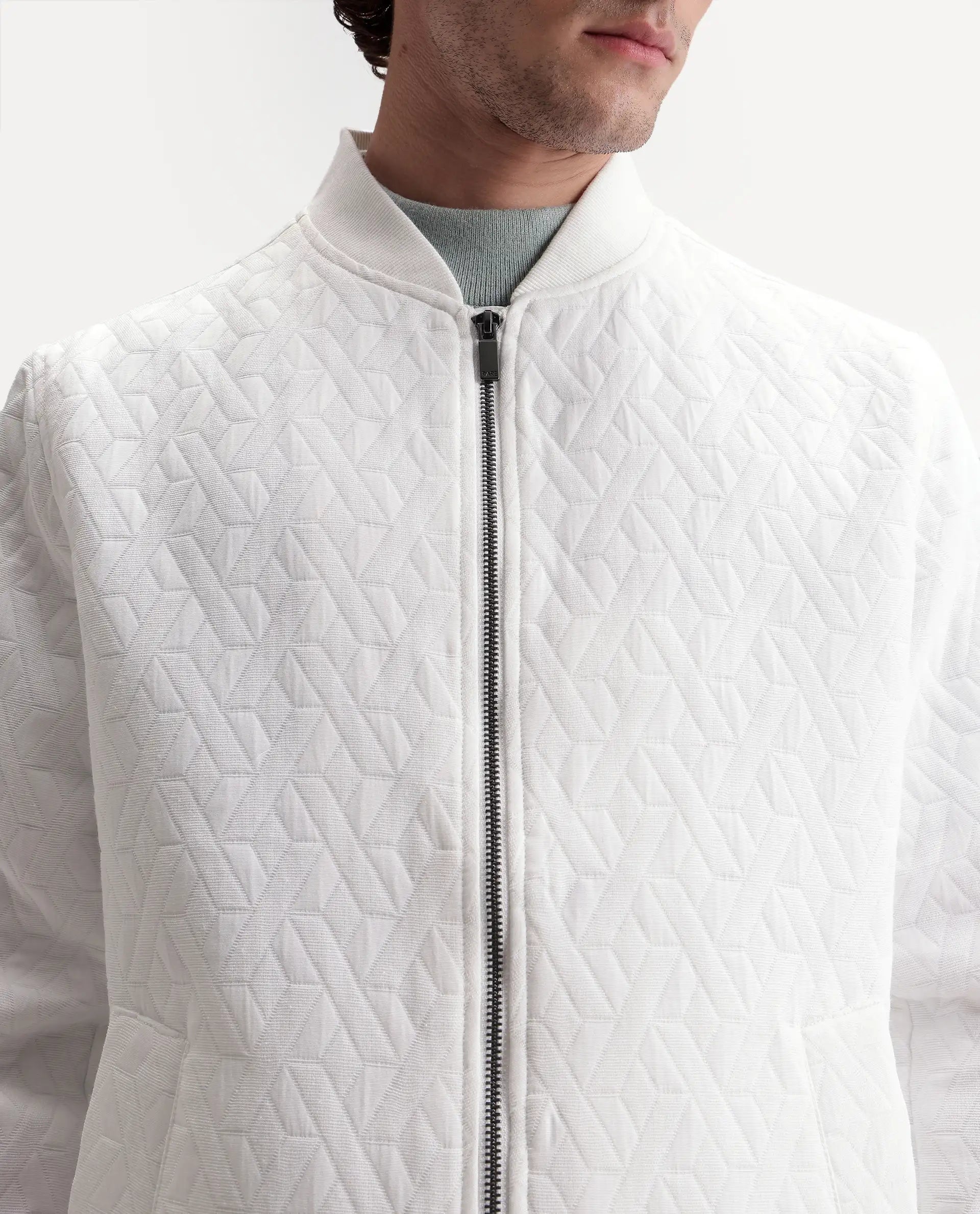 Rare Rabbit Men's Orin Primary White Polyester Blend Ribbed Collar Regular Jacquard Jacket