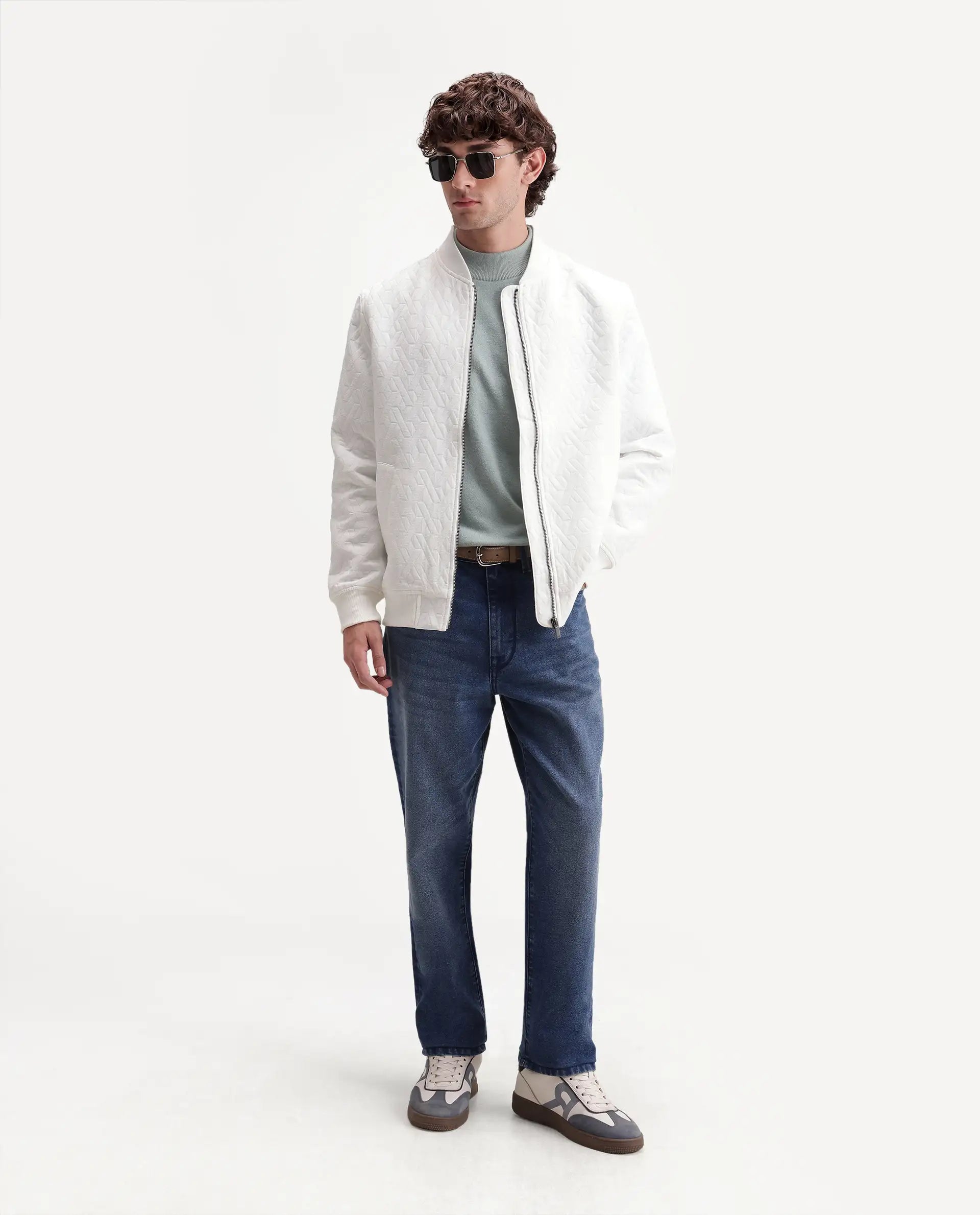 Rare Rabbit Men's Orin Primary White Polyester Blend Ribbed Collar Regular Jacquard Jacket