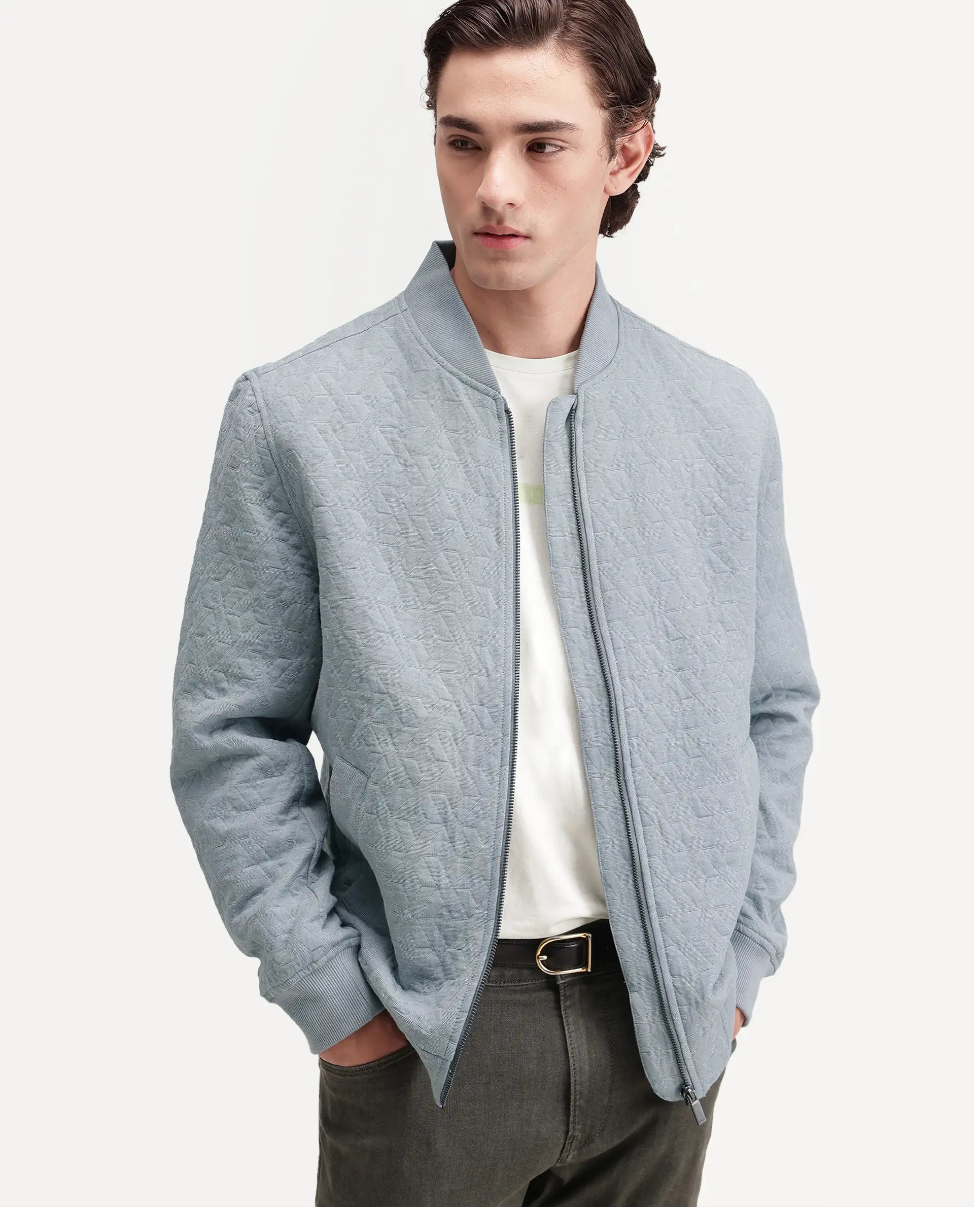 Rare Rabbit Men's Orin Dusky Blue Polyester Blend Ribbed Collar Regular Jacquard Jacket