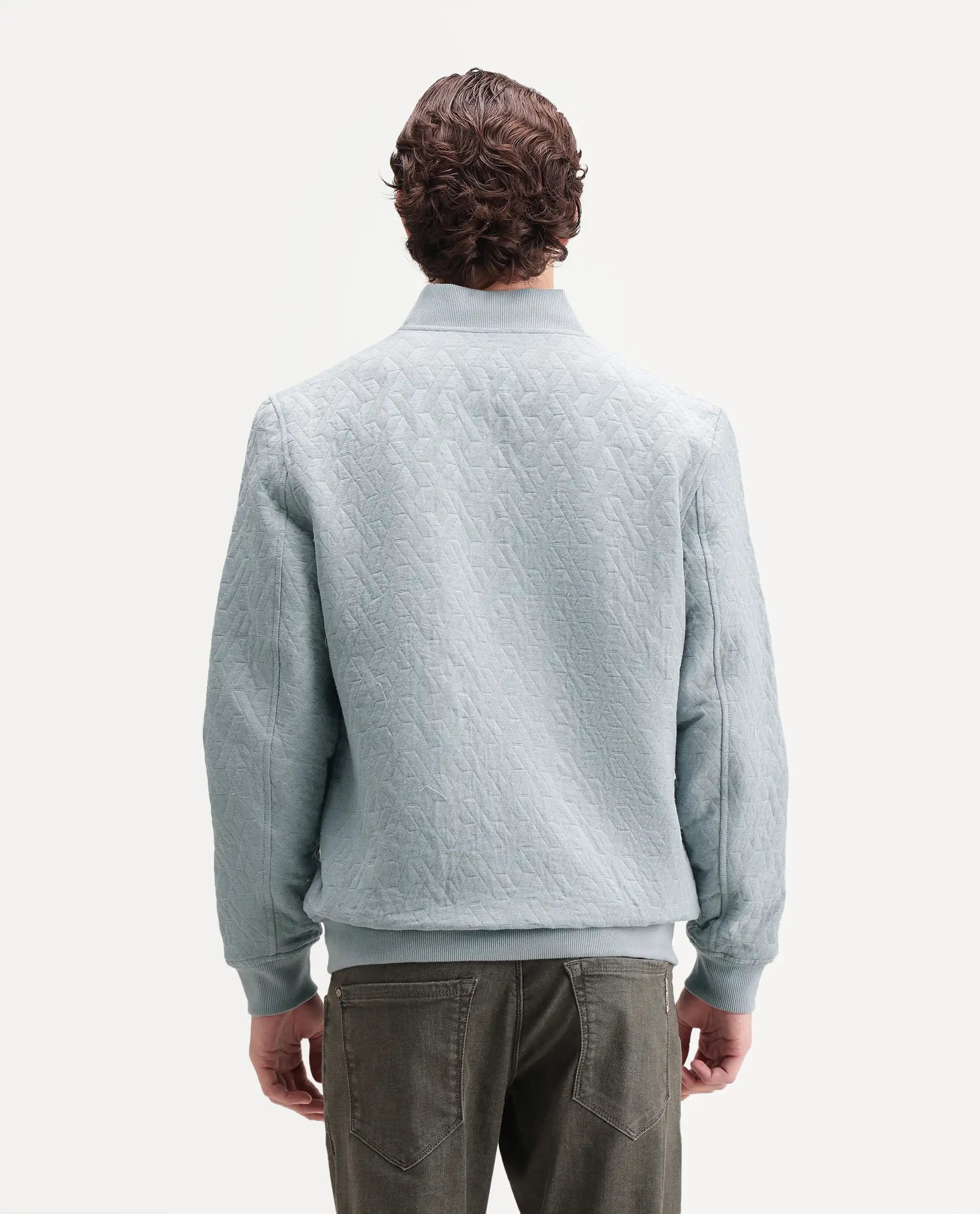 Rare Rabbit Men's Orin Dusky Blue Polyester Blend Ribbed Collar Regular Jacquard Jacket
