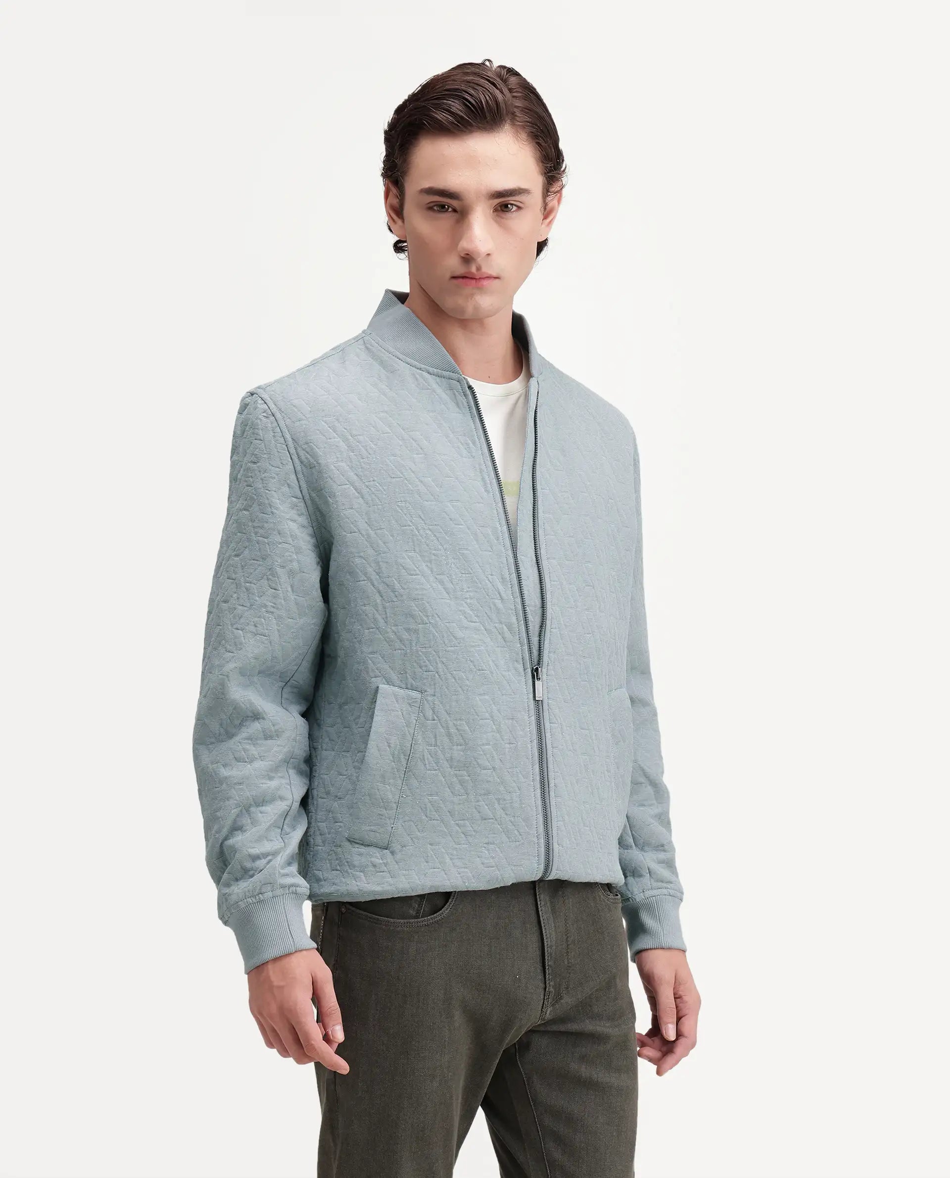 Rare Rabbit Men's Orin Dusky Blue Polyester Blend Ribbed Collar Regular Jacquard Jacket