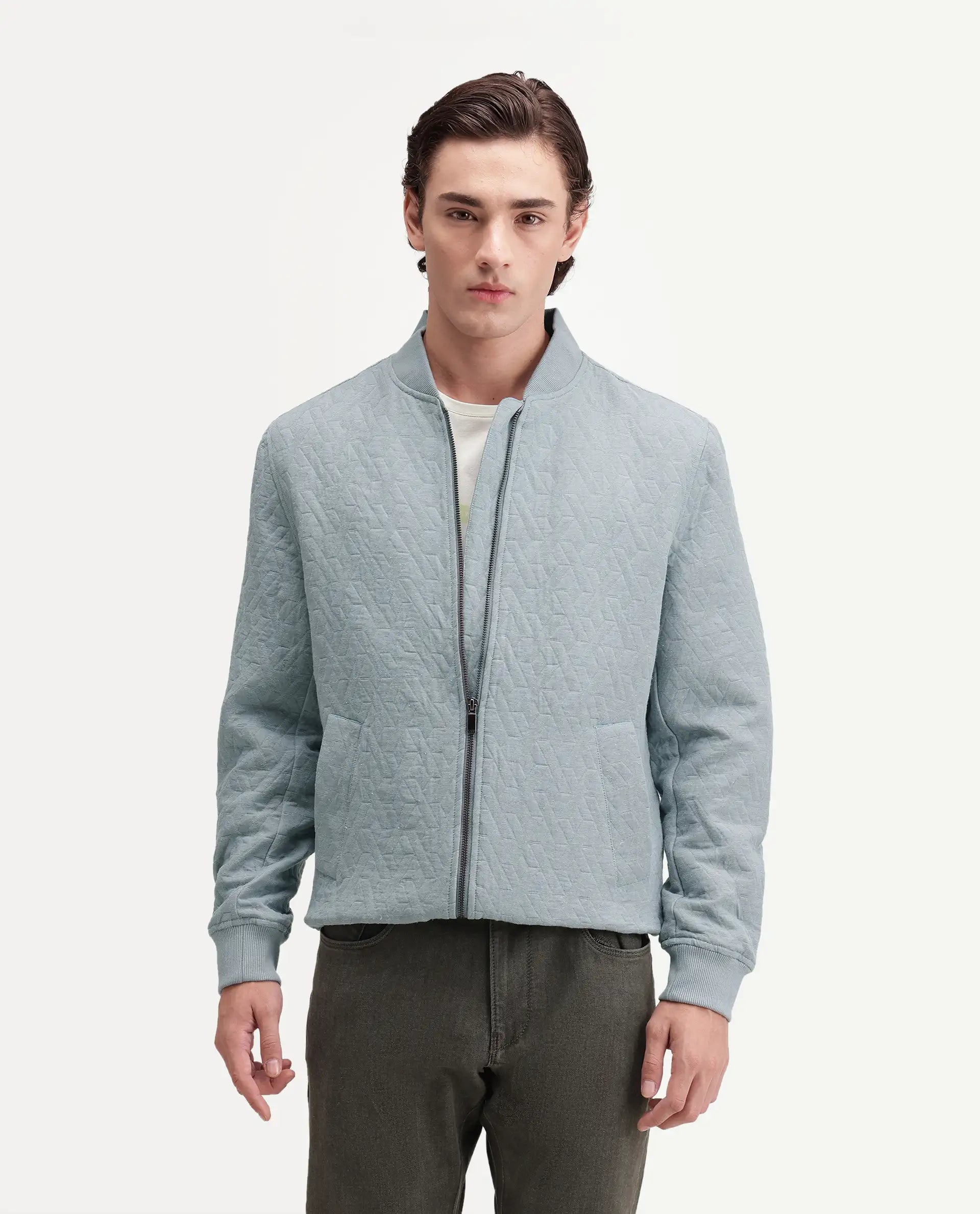 Rare Rabbit Men's Orin Dusky Blue Polyester Blend Ribbed Collar Regular Jacquard Jacket
