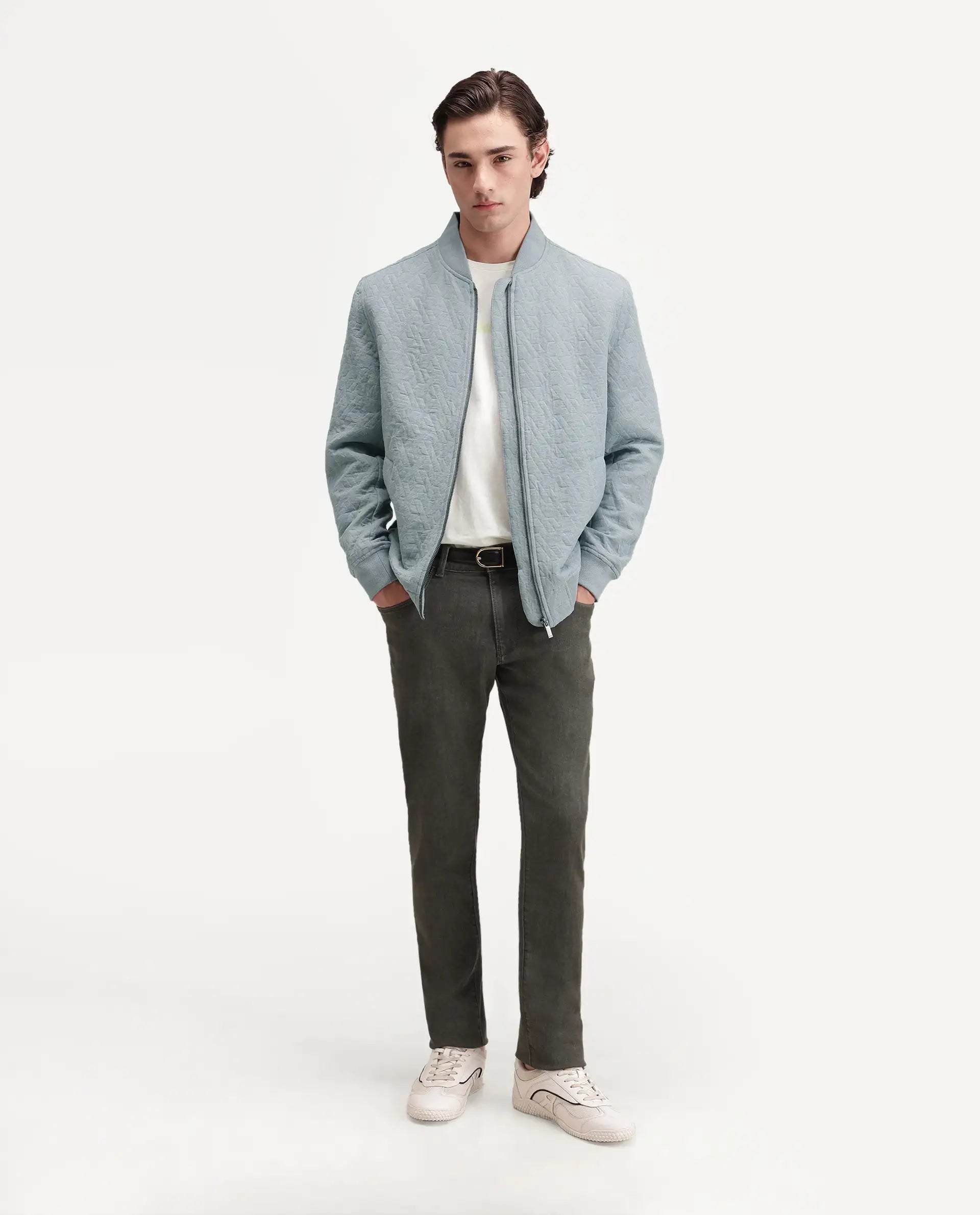 Rare Rabbit Men's Orin Dusky Blue Polyester Blend Ribbed Collar Regular Jacquard Jacket