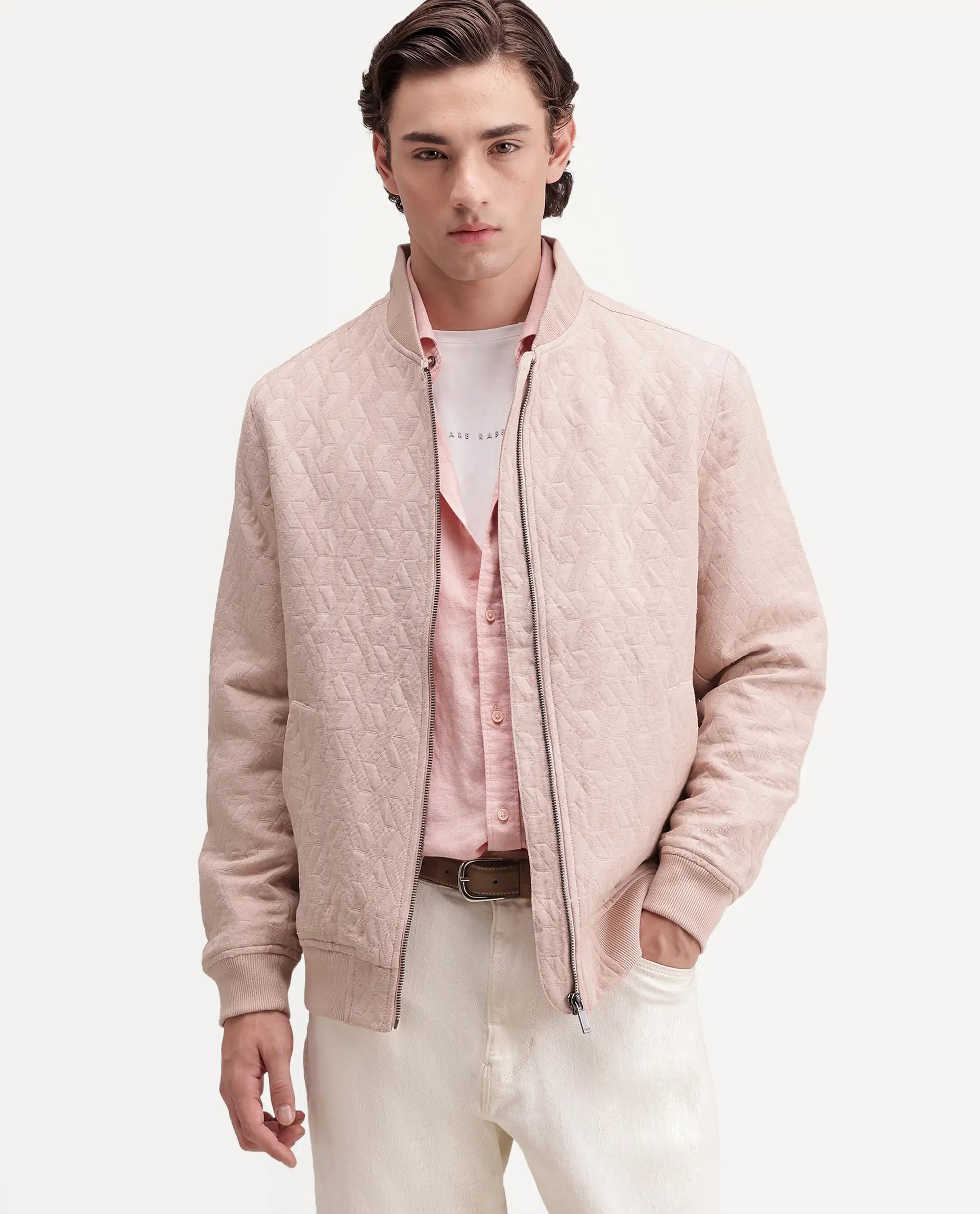 Rare Rabbit Men's Orin Dusky Pink Polyester Blend Ribbed Collar Regular Jacquard Jacket