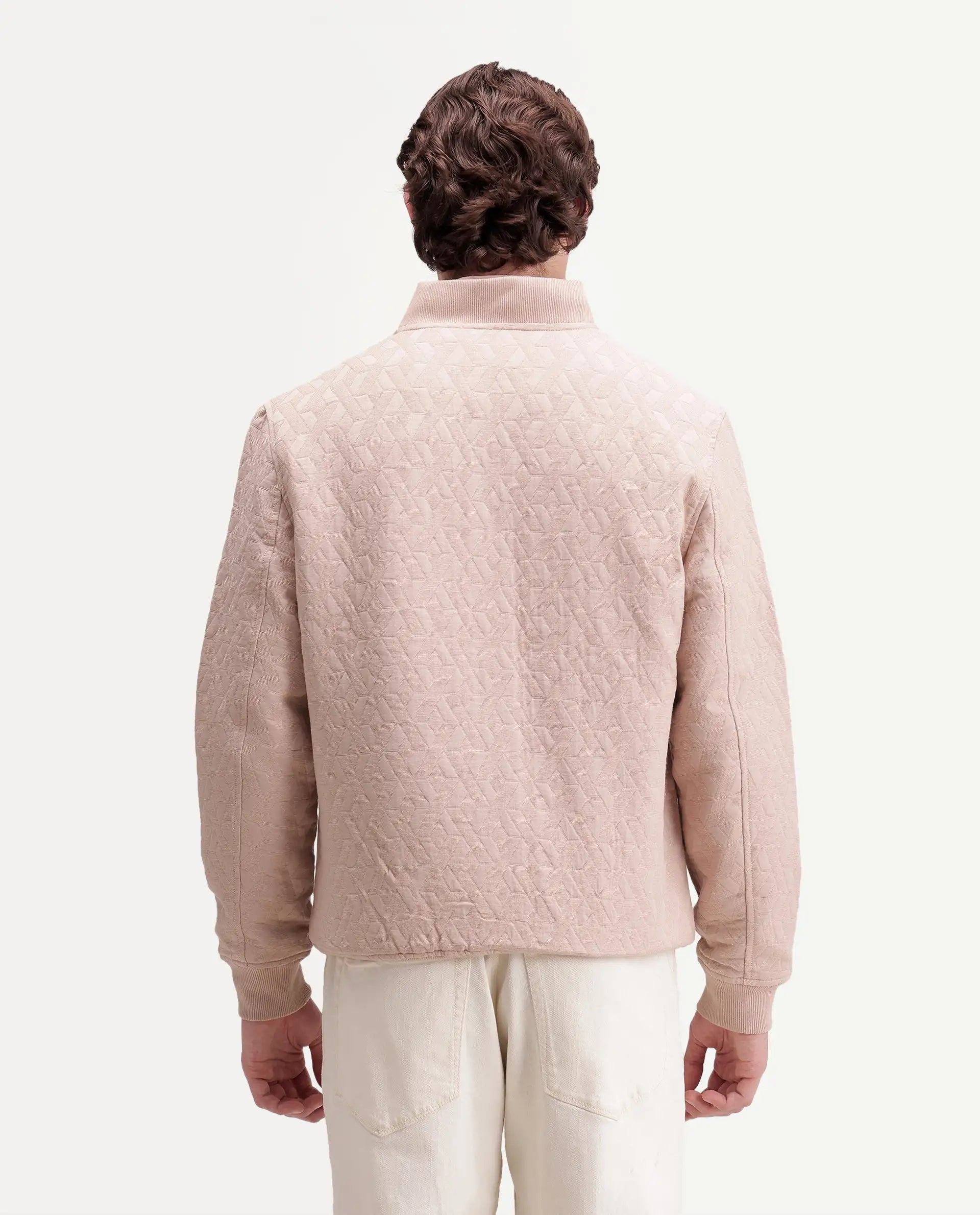 Rare Rabbit Men's Orin Dusky Pink Polyester Blend Ribbed Collar Regular Jacquard Jacket