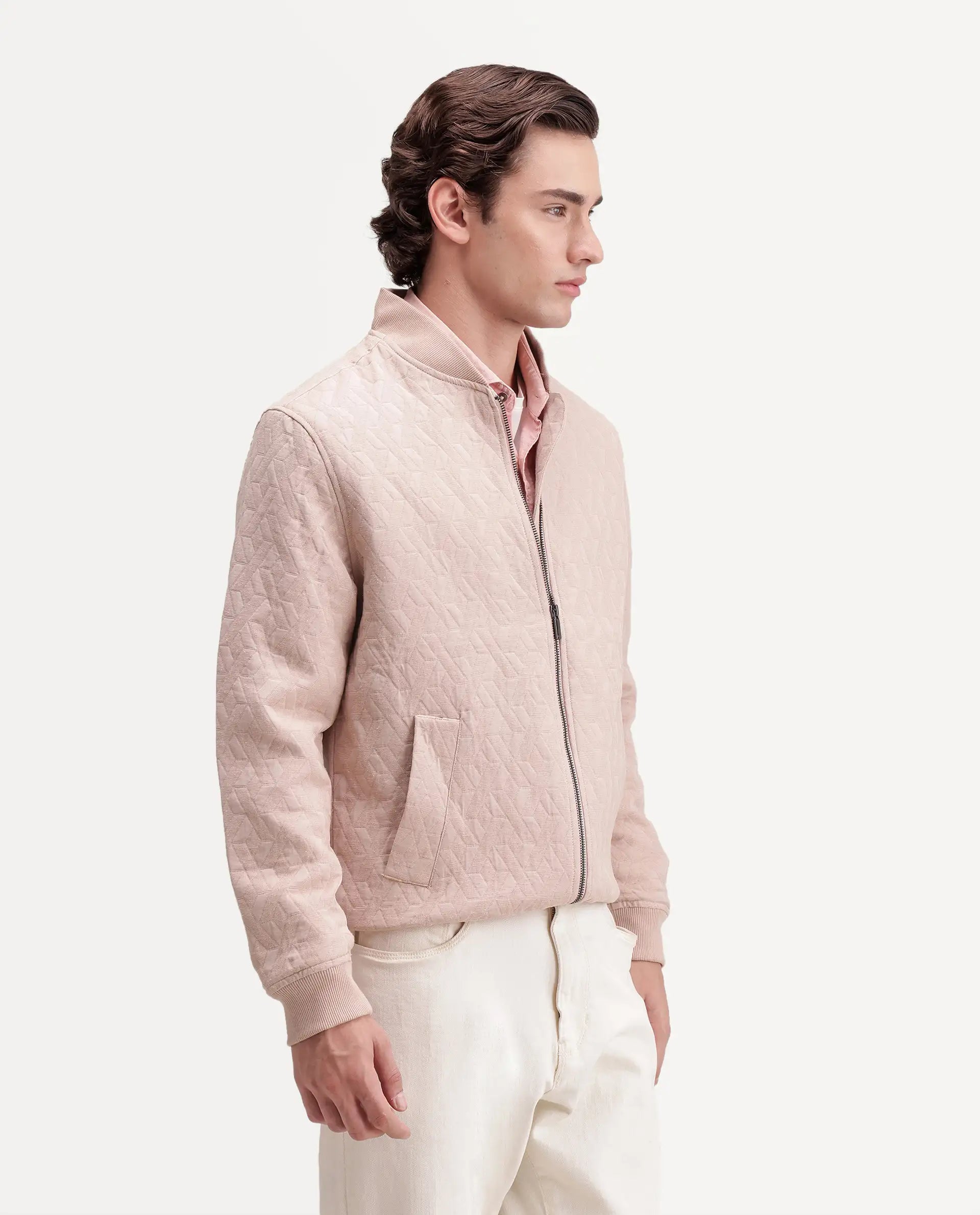 Rare Rabbit Men's Orin Dusky Pink Polyester Blend Ribbed Collar Regular Jacquard Jacket