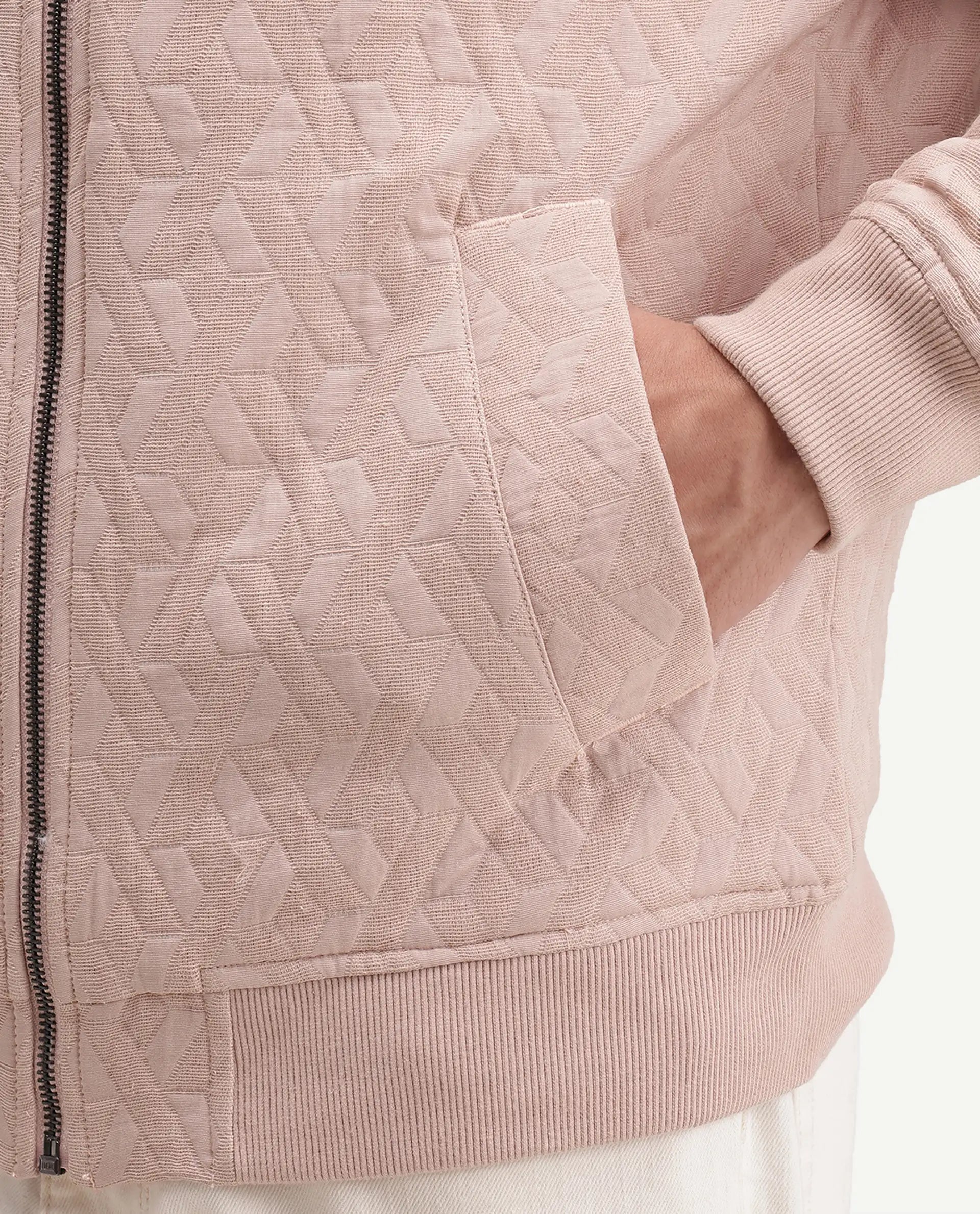Rare Rabbit Men's Orin Dusky Pink Polyester Blend Ribbed Collar Regular Jacquard Jacket