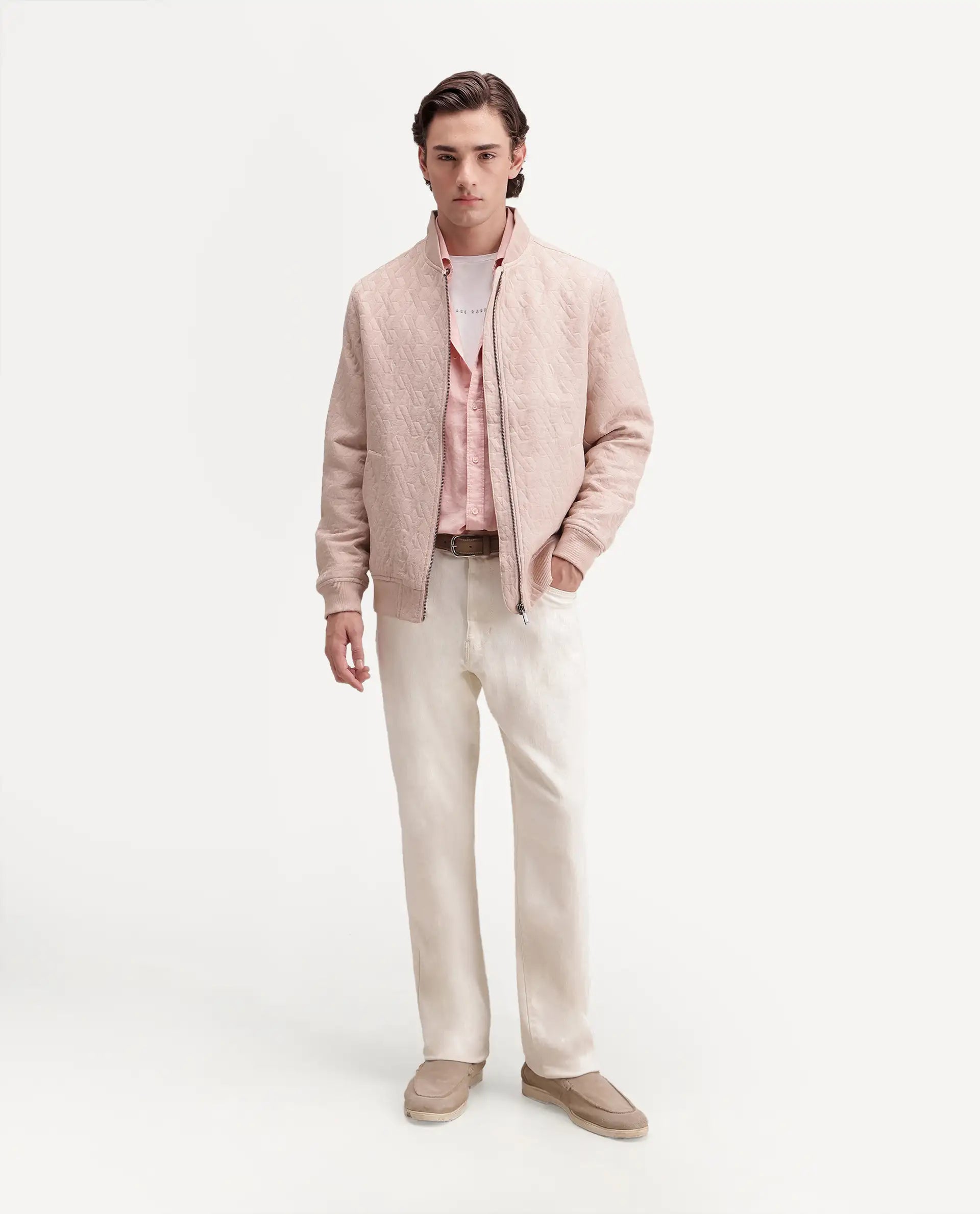 Rare Rabbit Men's Orin Dusky Pink Polyester Blend Ribbed Collar Regular Jacquard Jacket