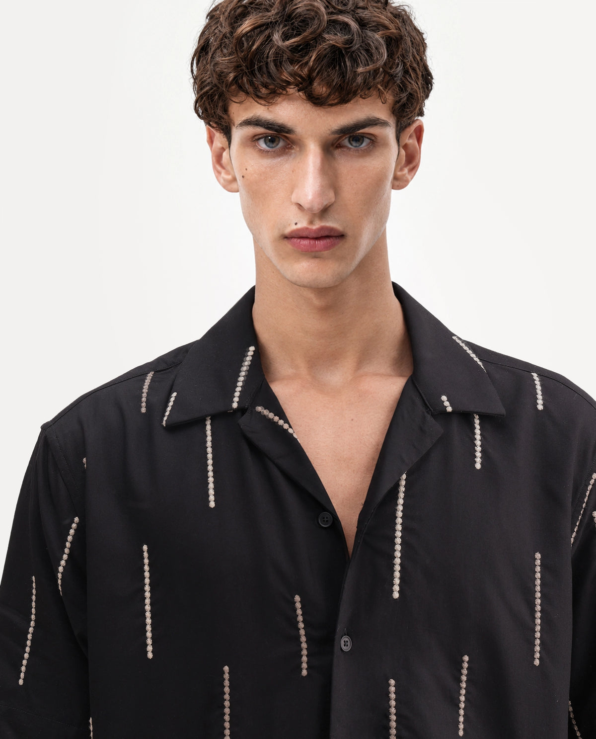 Rare Rabbit Men's Clun Primary Black Viscose Cuban Collar Regular Embroidered Shirt