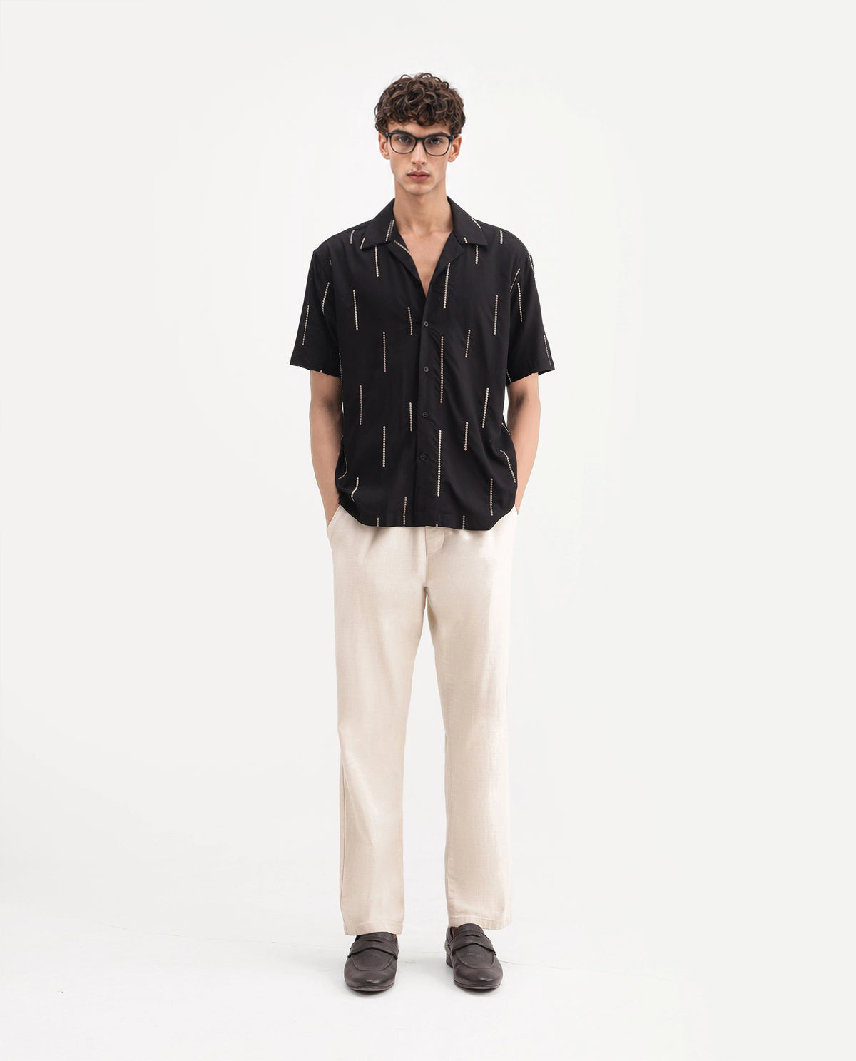 Rare Rabbit Men's Clun Primary Black Viscose Cuban Collar Regular Embroidered Shirt