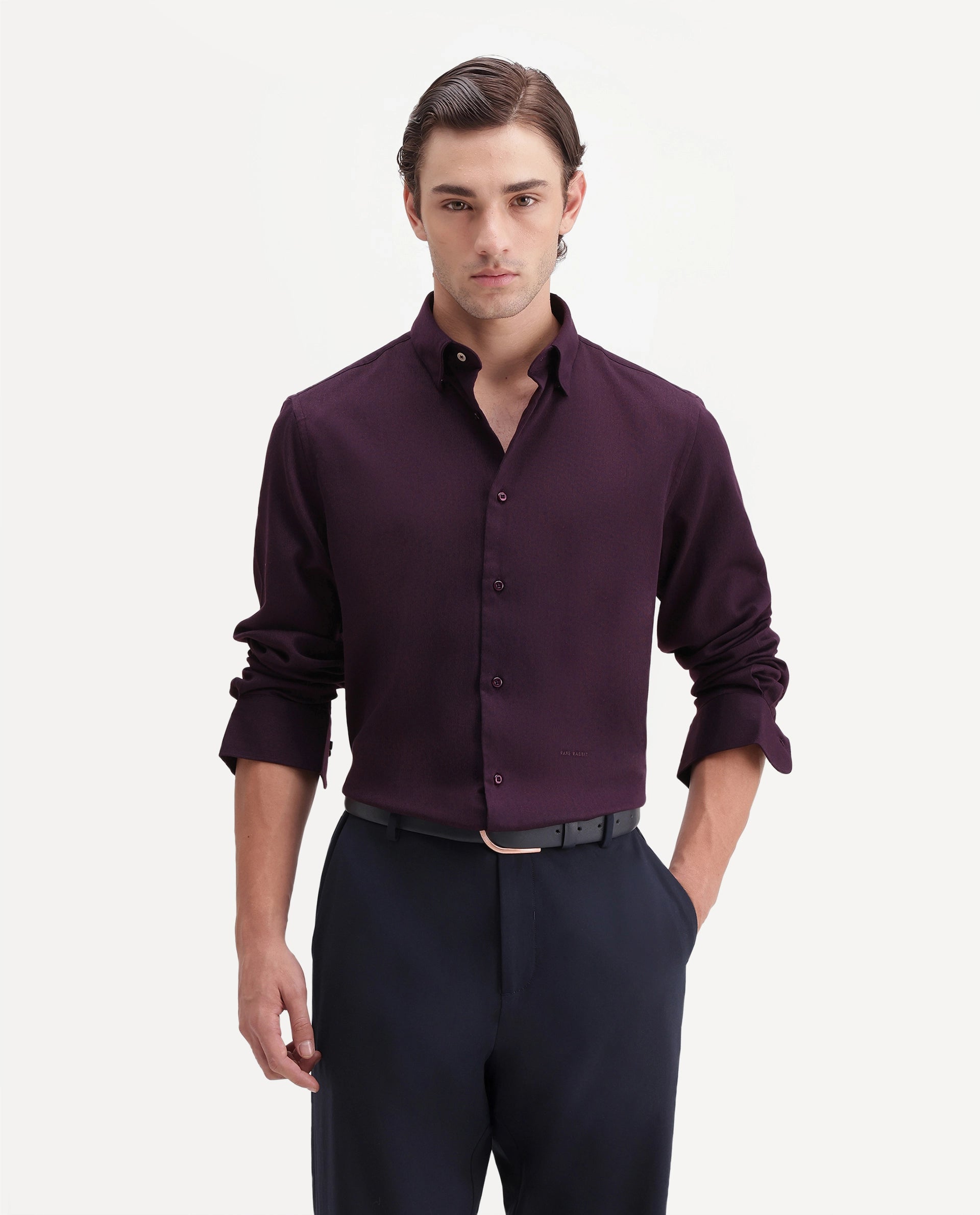 Rare Rabbit Men's Rexin Primary Maroon Polyester Blend Spread Collar Regular Plain Shirt
