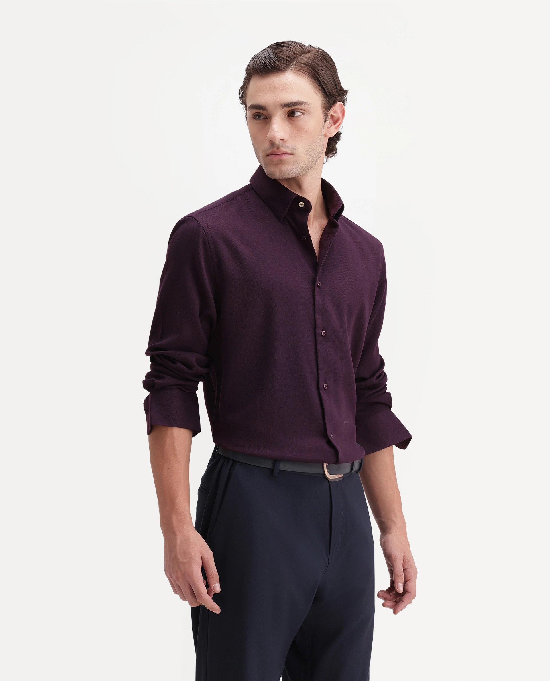 Rare Rabbit Men's Rexin Primary Maroon Polyester Blend Spread Collar Regular Plain Shirt
