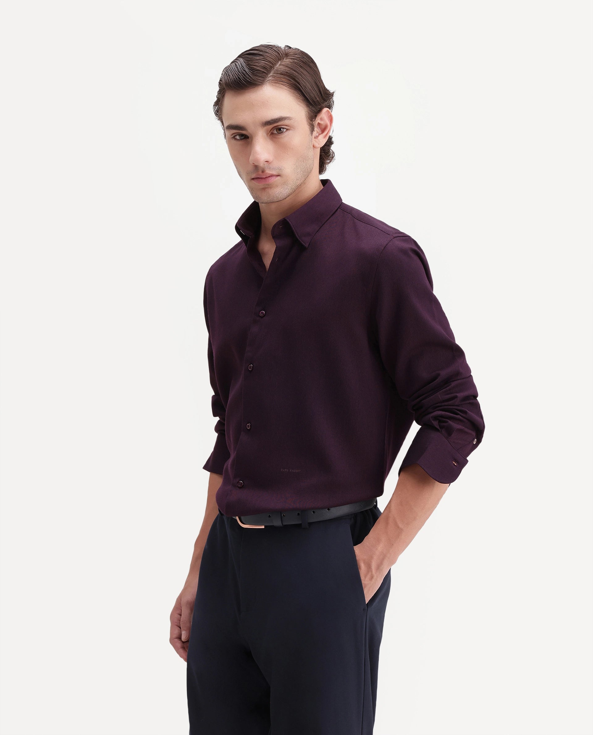 Rare Rabbit Men's Rexin Primary Maroon Polyester Blend Spread Collar Regular Plain Shirt