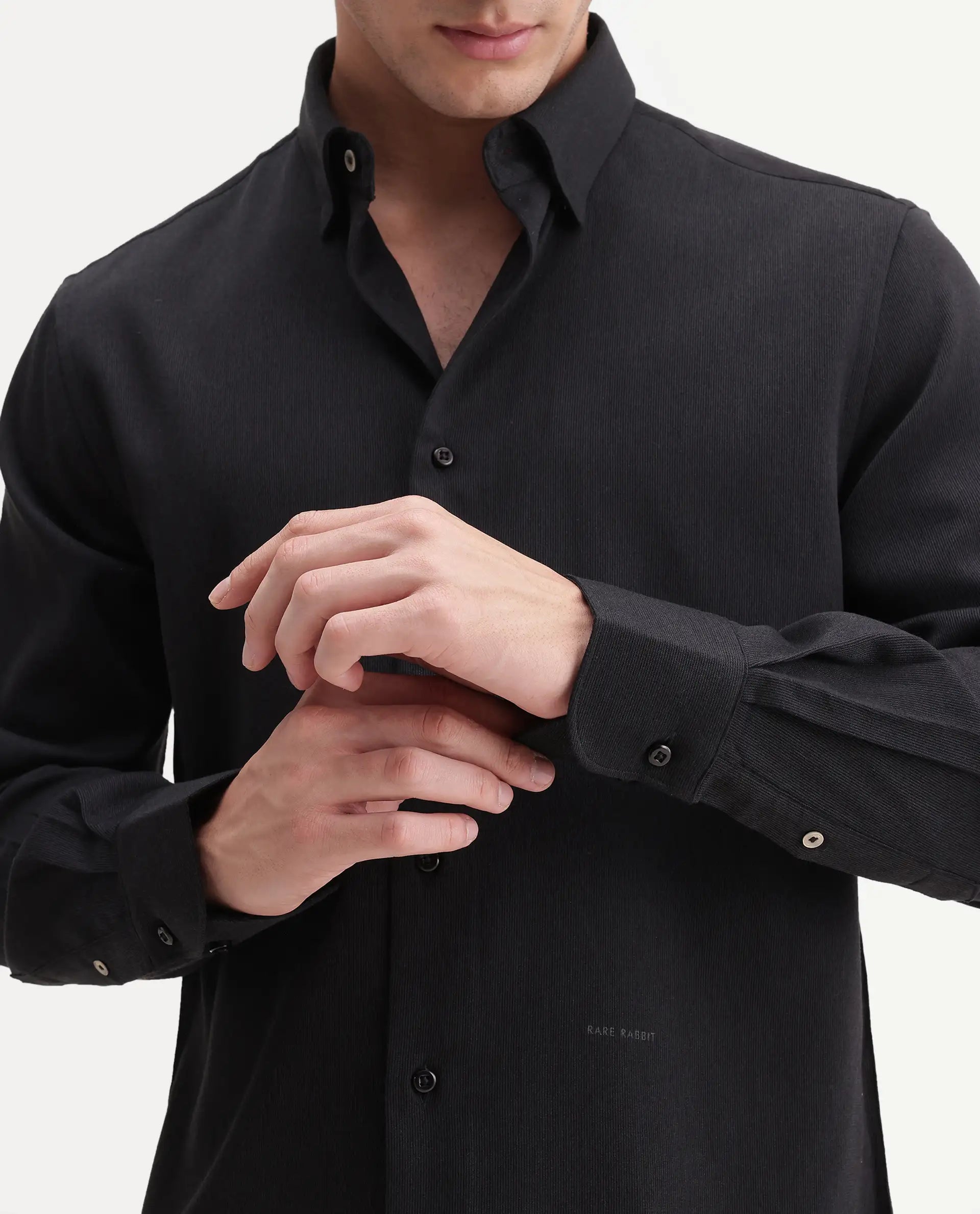 Rare Rabbit Men's Rexin Primary Black Polyester Blend Spread Collar Regular Plain Shirt