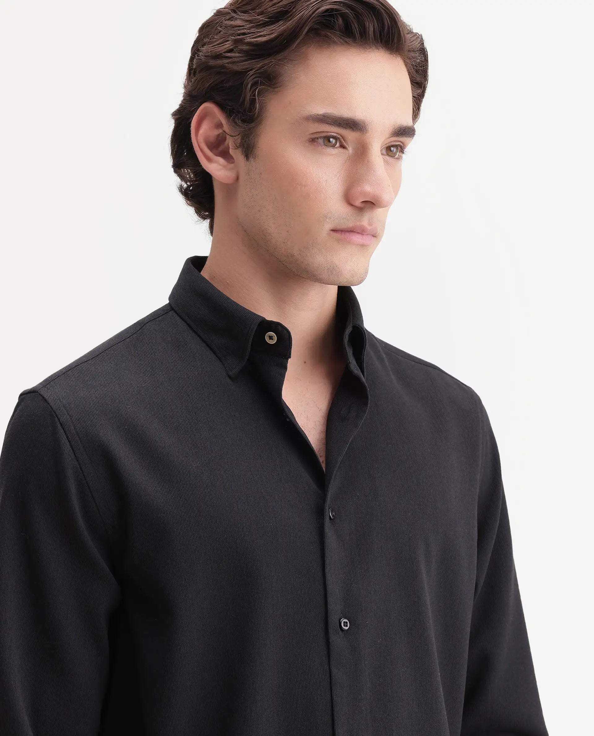 Rare Rabbit Men's Rexin Primary Black Polyester Blend Spread Collar Regular Plain Shirt