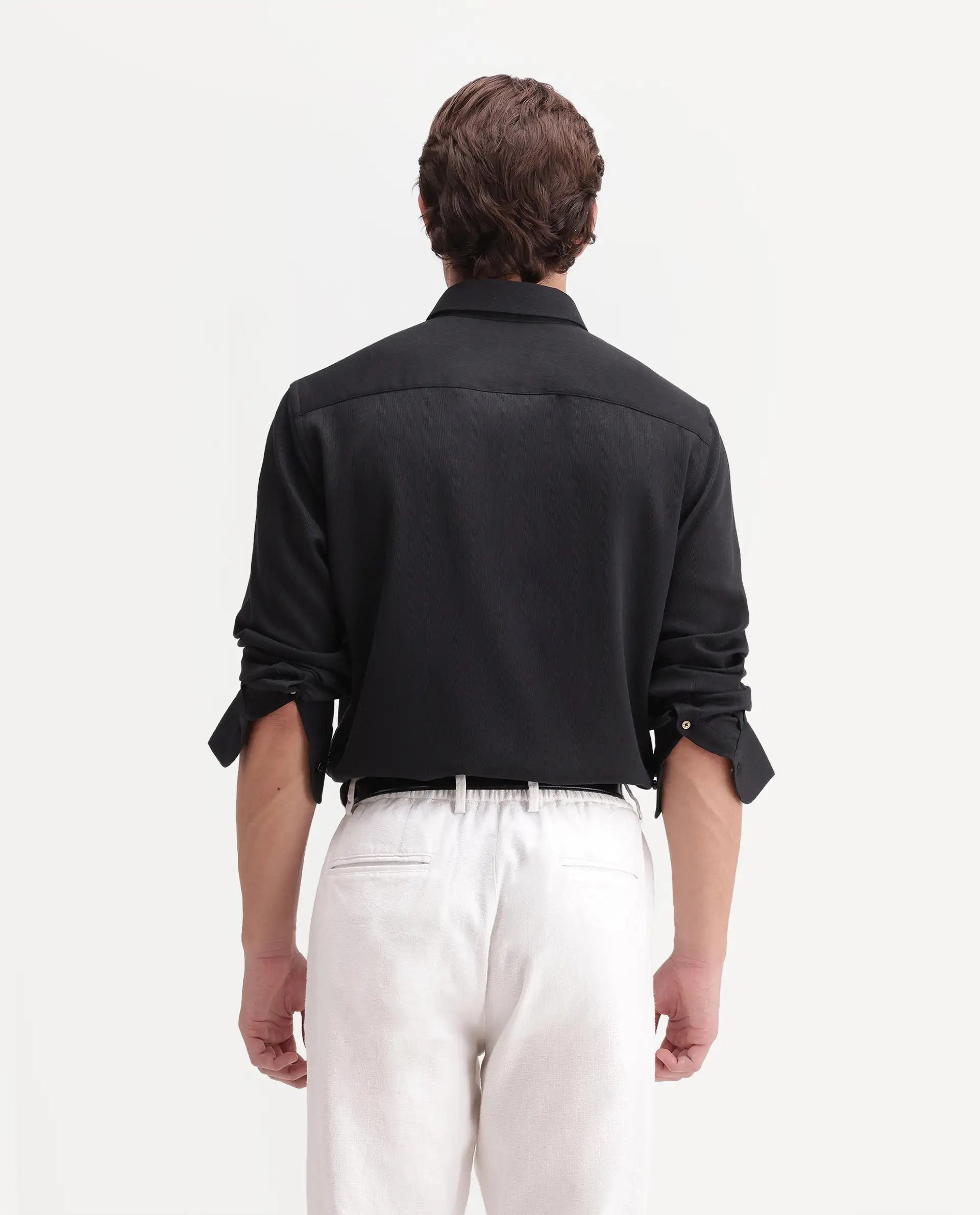 Rare Rabbit Men's Rexin Primary Black Polyester Blend Spread Collar Regular Plain Shirt