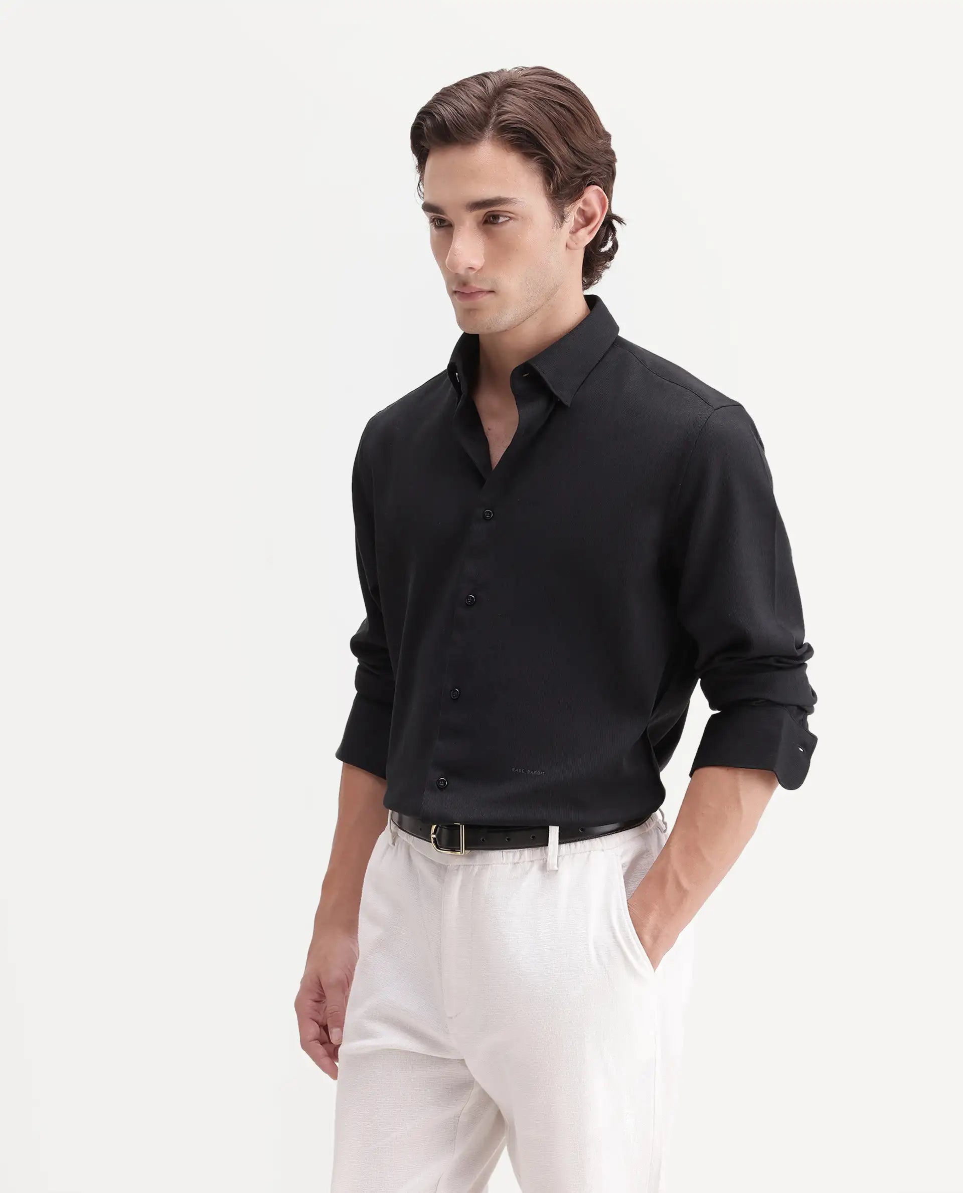 Rare Rabbit Men's Rexin Primary Black Polyester Blend Spread Collar Regular Plain Shirt