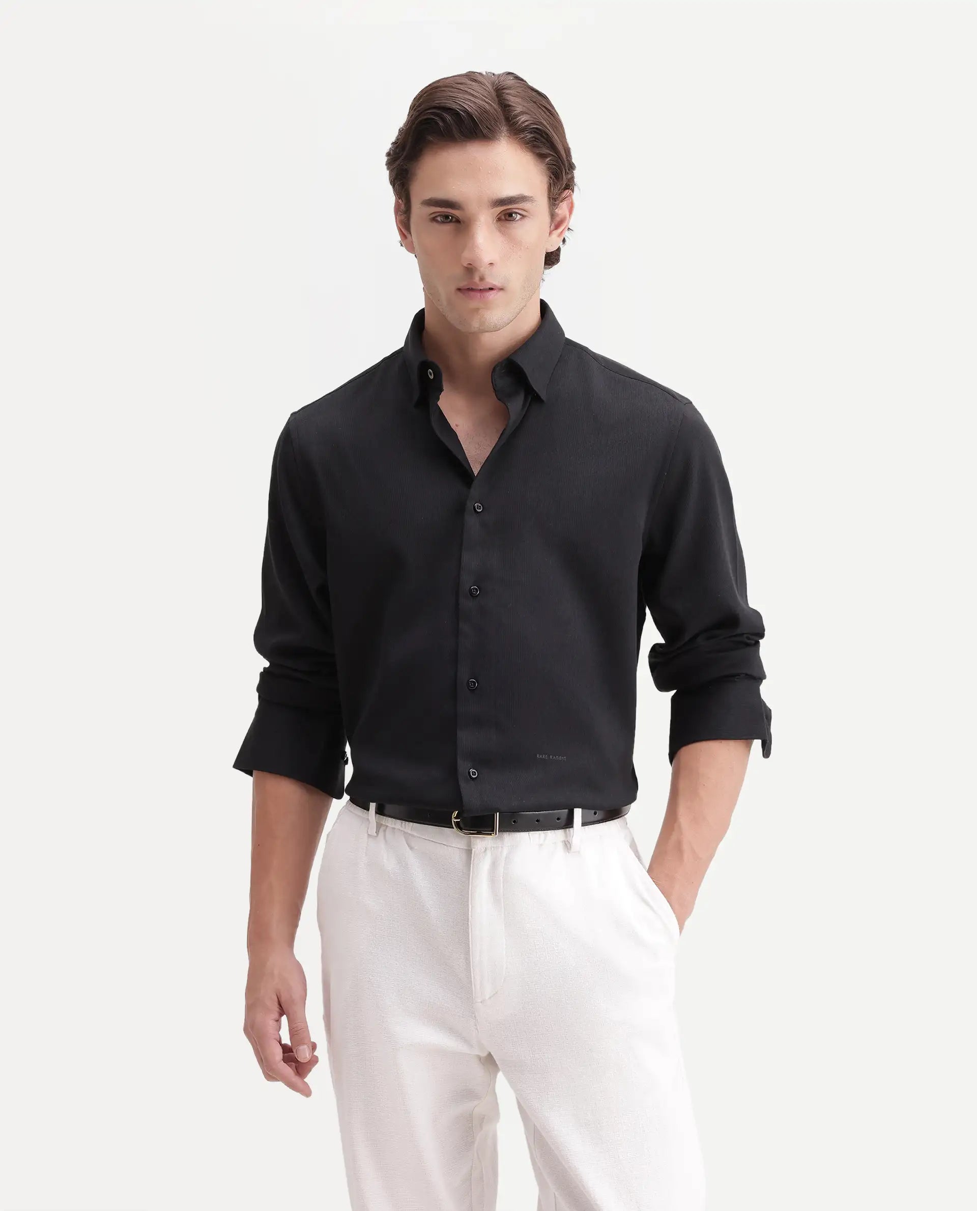 Rare Rabbit Men's Rexin Primary Black Polyester Blend Spread Collar Regular Plain Shirt