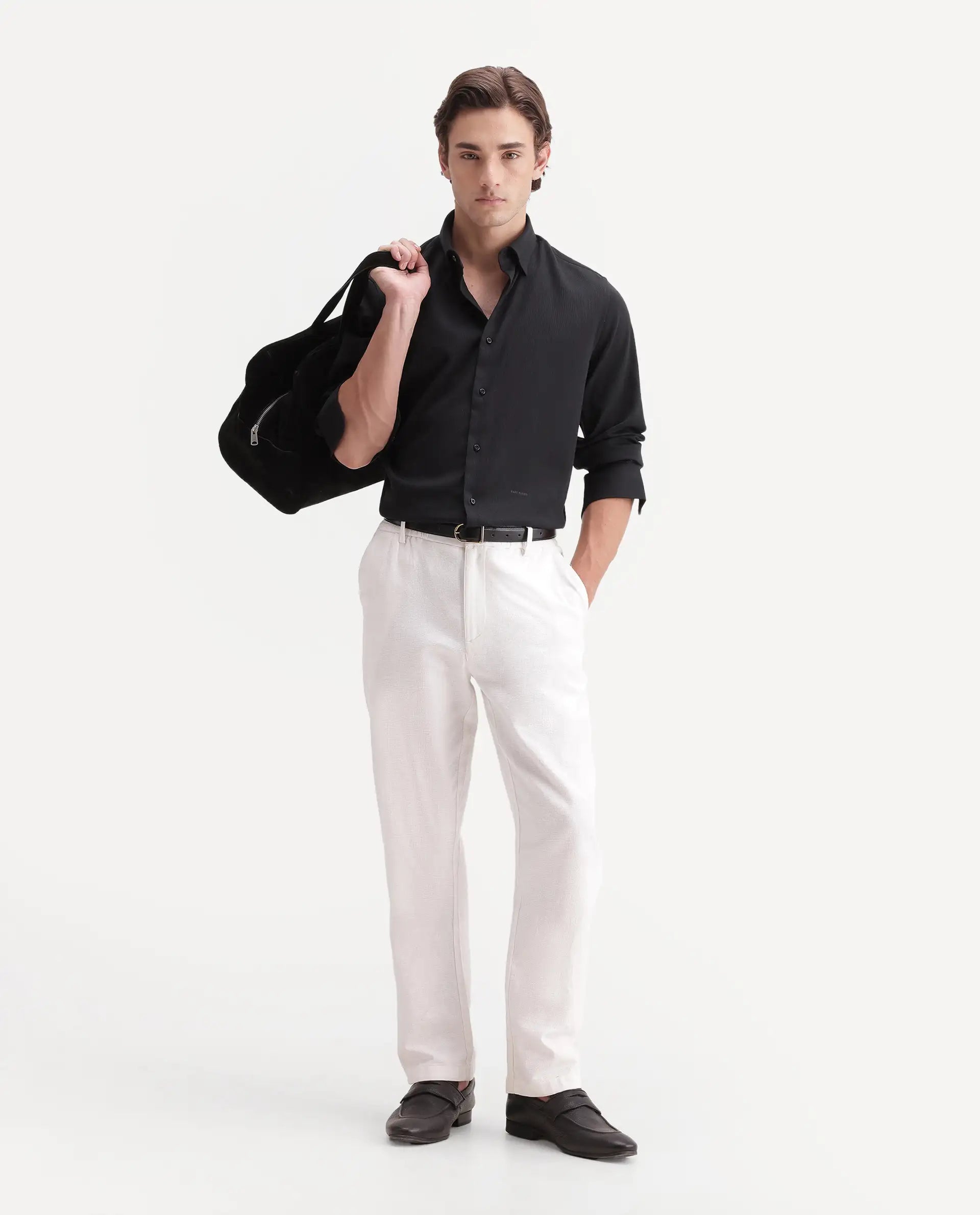 Rare Rabbit Men's Rexin Primary Black Polyester Blend Spread Collar Regular Plain Shirt