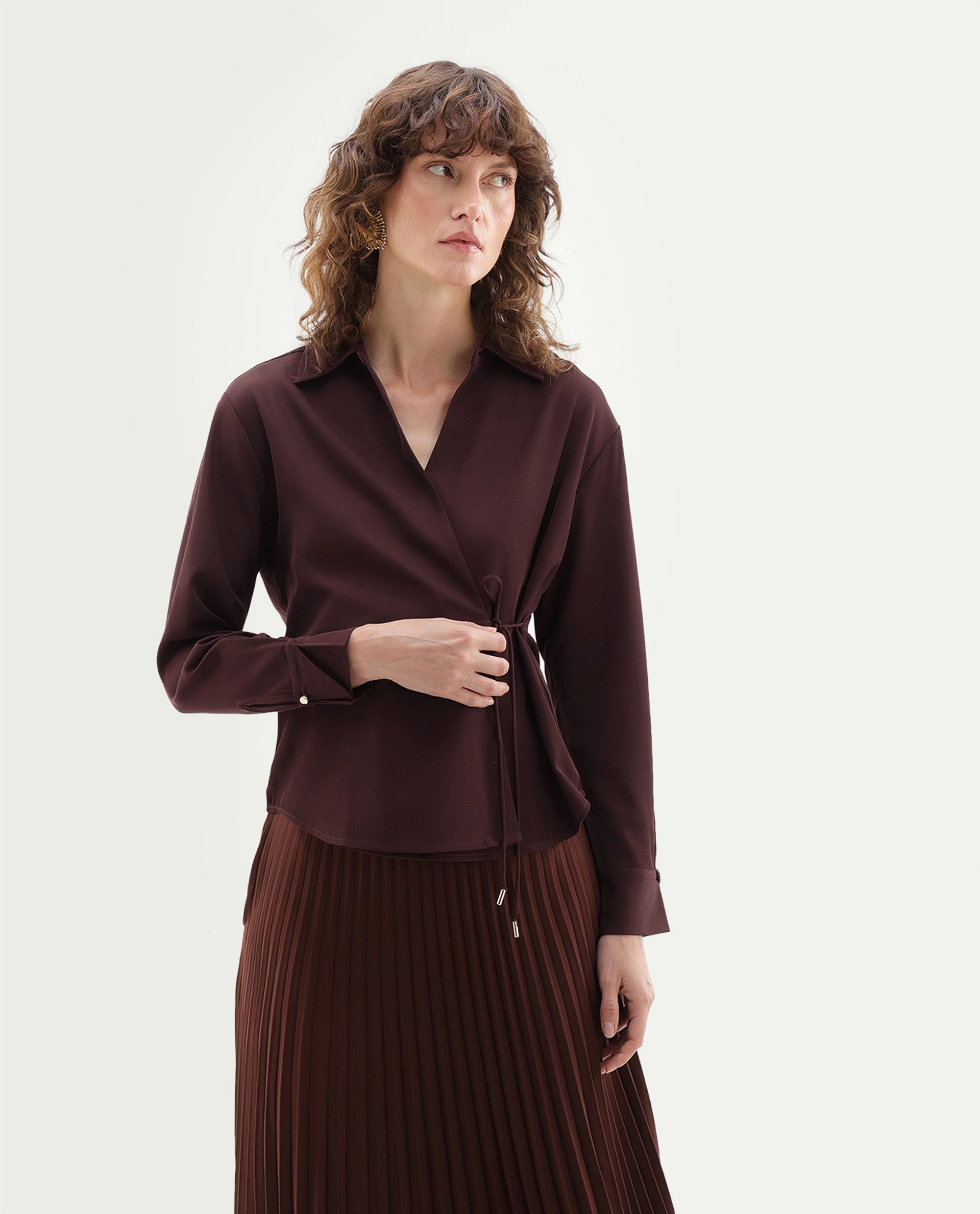 Rareism Women's Qansu-T Primary Brown Polyester Spread Collar Wrap Plain Top