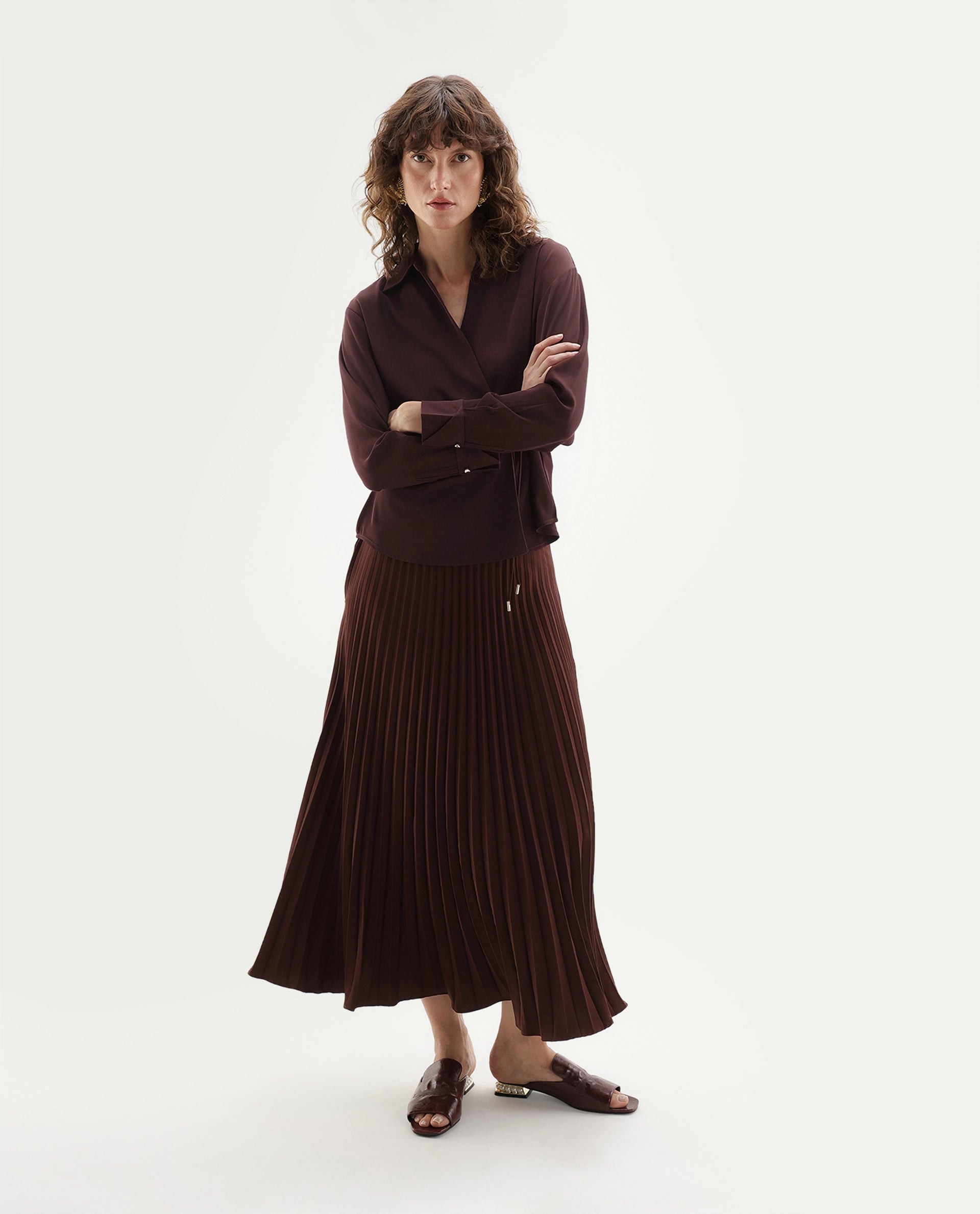 Rareism Women's Qansu-T Primary Brown Polyester Spread Collar Wrap Plain Top