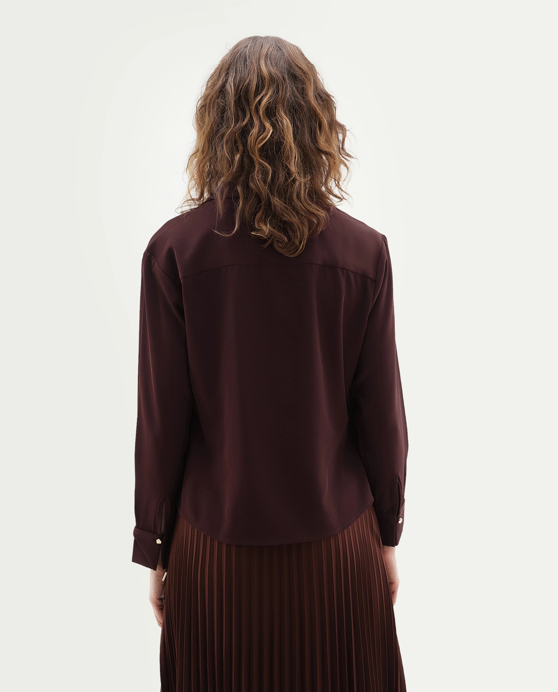 Rareism Women's Qansu-T Primary Brown Polyester Spread Collar Wrap Plain Top