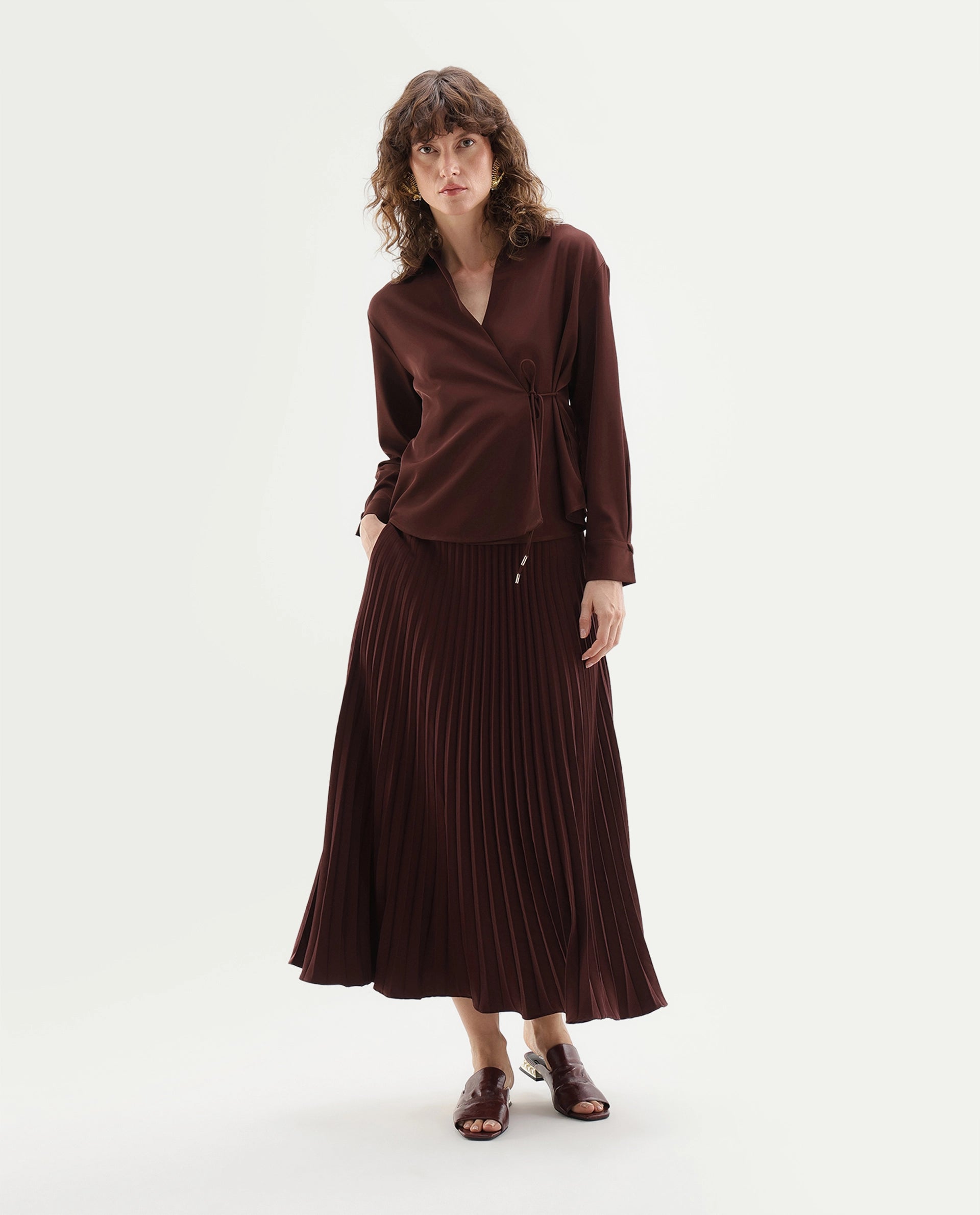 Rareism Women's Qansu-B Primary Brown Polyester Flared Plain Skirt