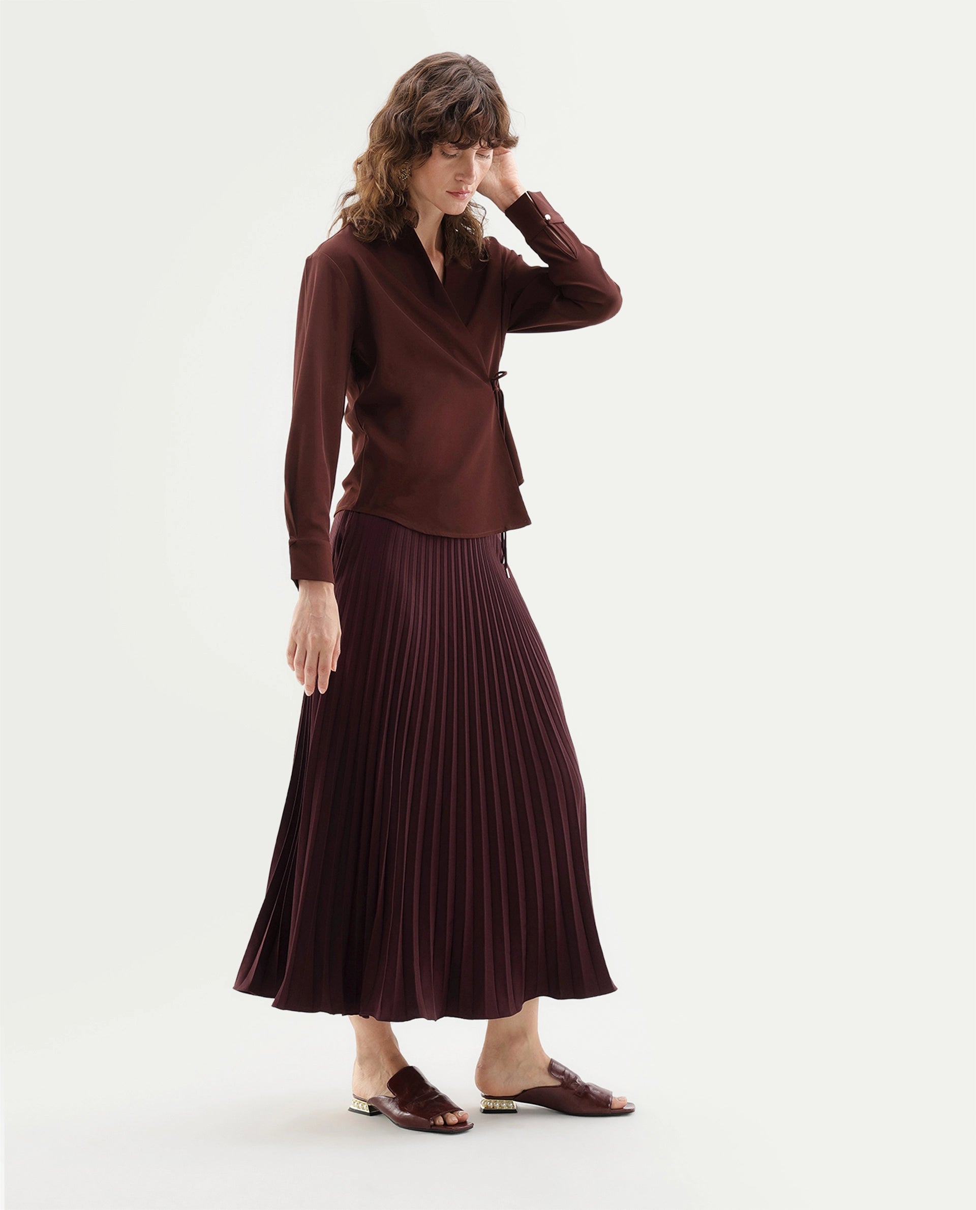 Rareism Women's Qansu-B Primary Brown Polyester Flared Plain Skirt