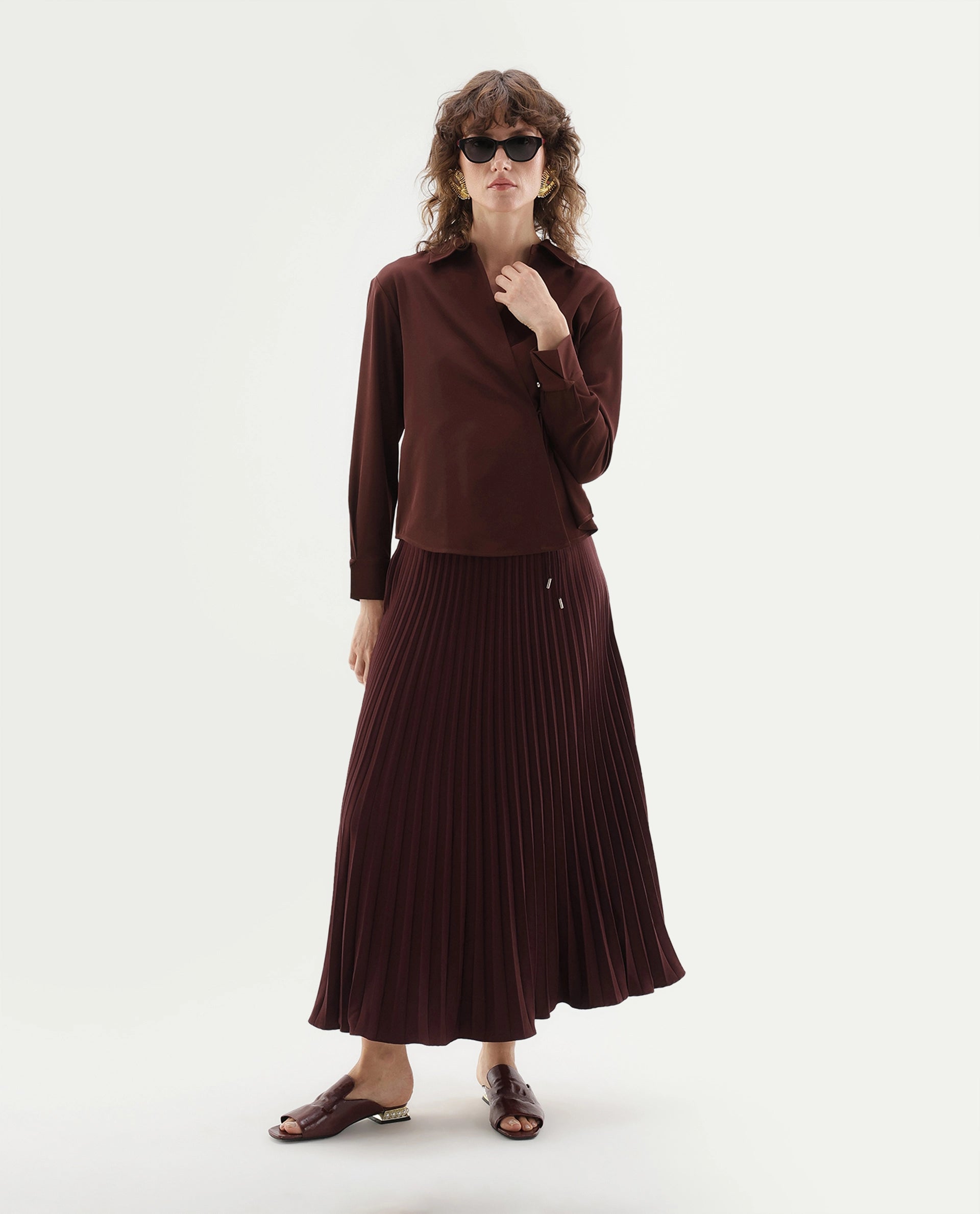 Rareism Women's Qansu-B Primary Brown Polyester Flared Plain Skirt