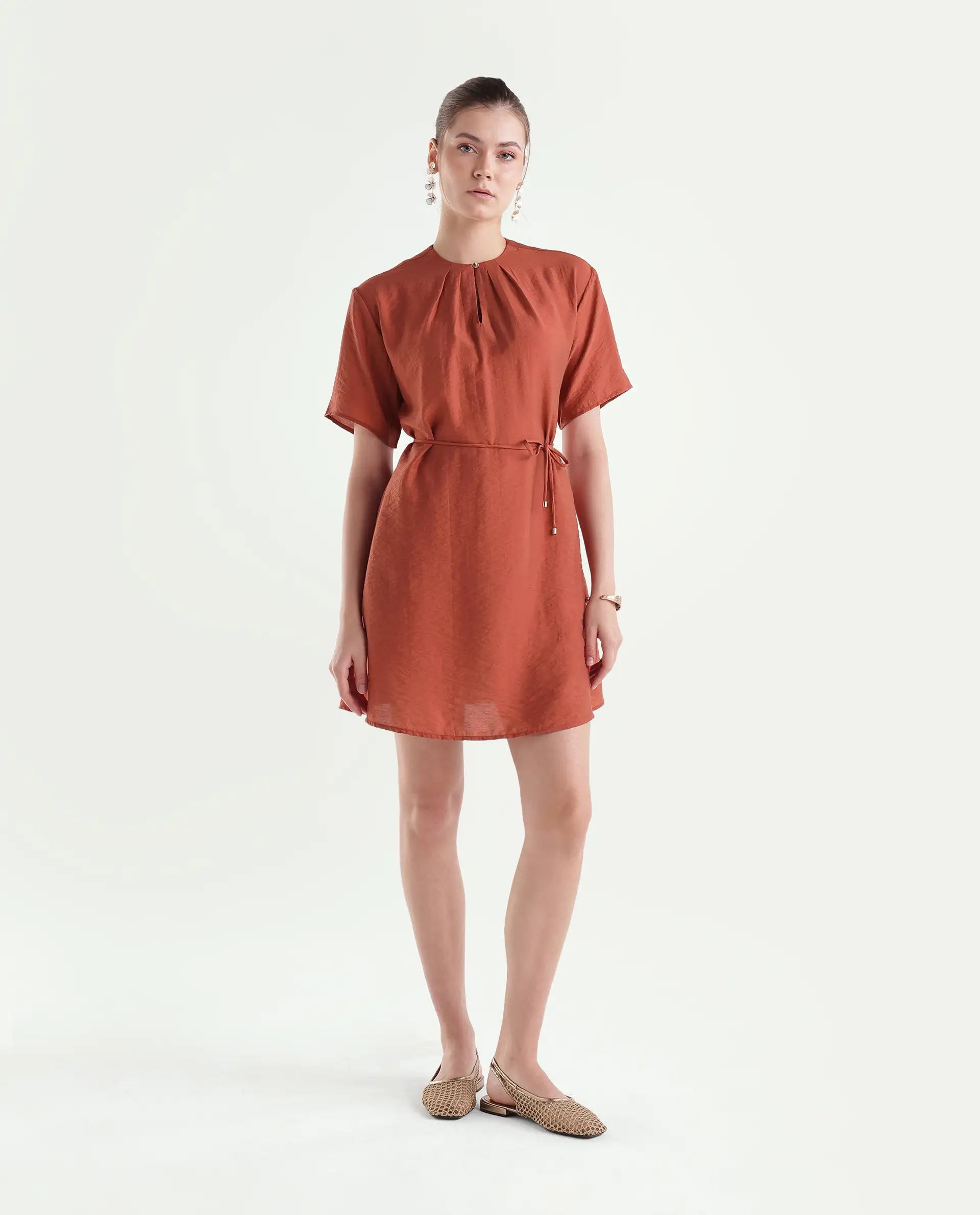 Rareism Women's Spado Primary Rust Viscose Blend Crew Neck A-Line Plain Dress