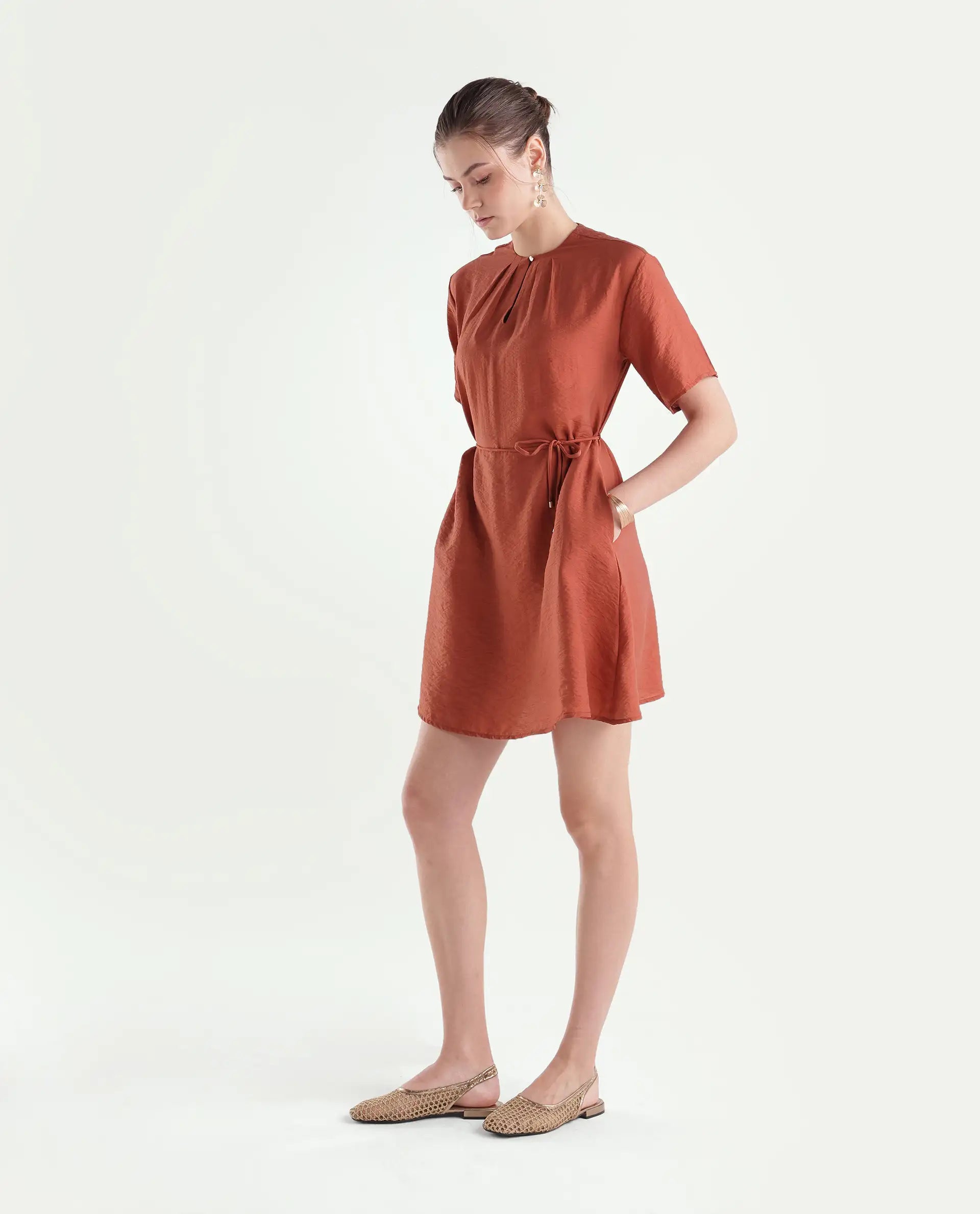 Rareism Women's Spado Primary Rust Viscose Blend Crew Neck A-Line Plain Dress