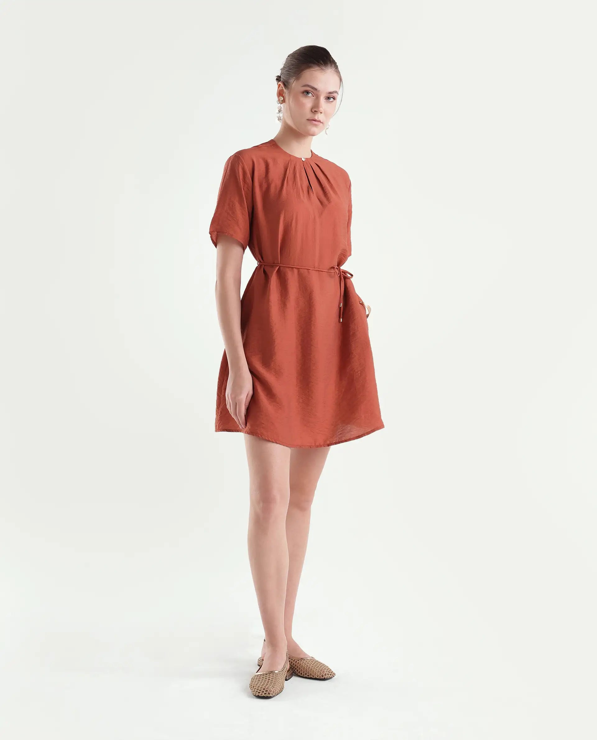 Rareism Women's Spado Primary Rust Viscose Blend Crew Neck A-Line Plain Dress