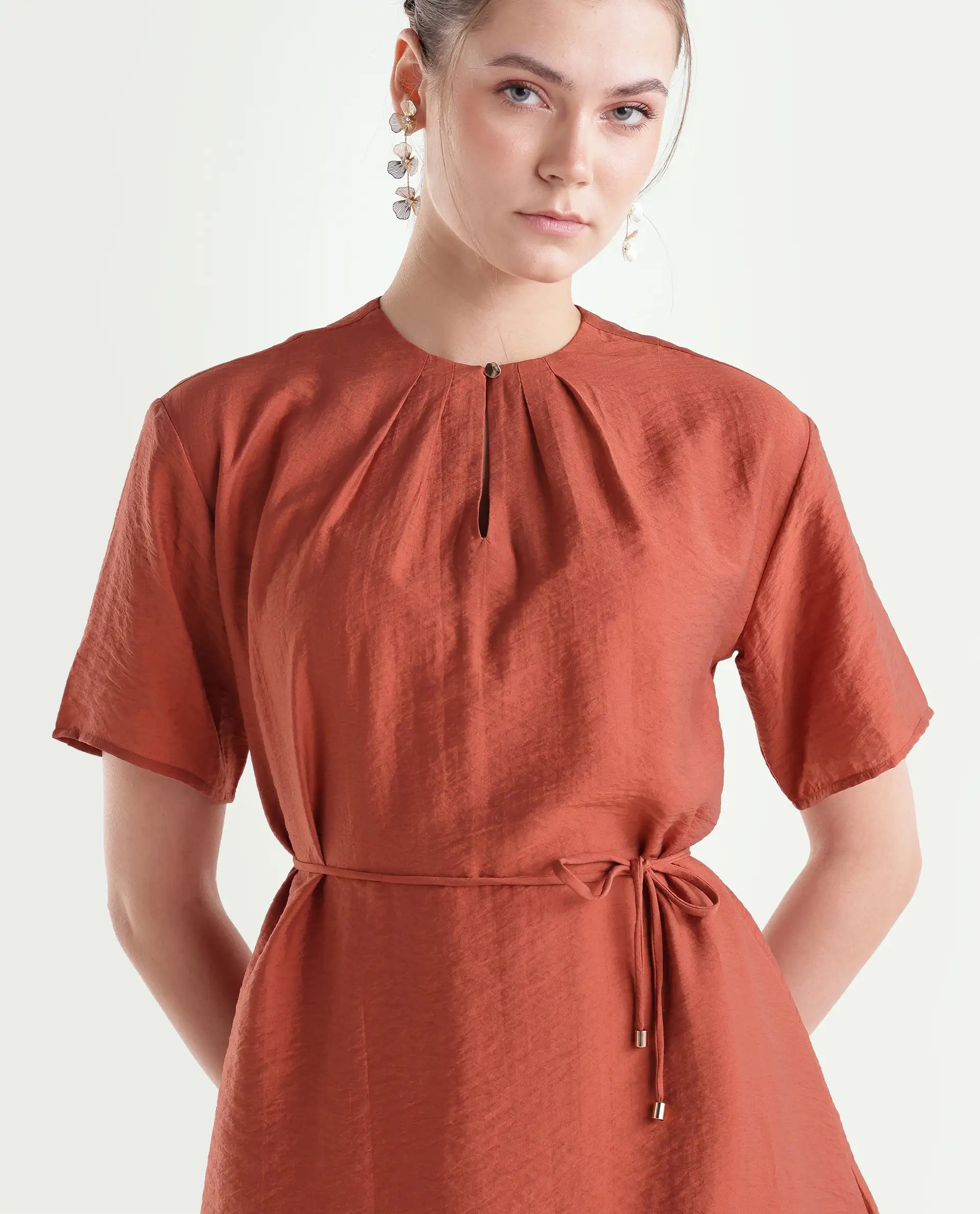 Rareism Women's Spado Primary Rust Viscose Blend Crew Neck A-Line Plain Dress