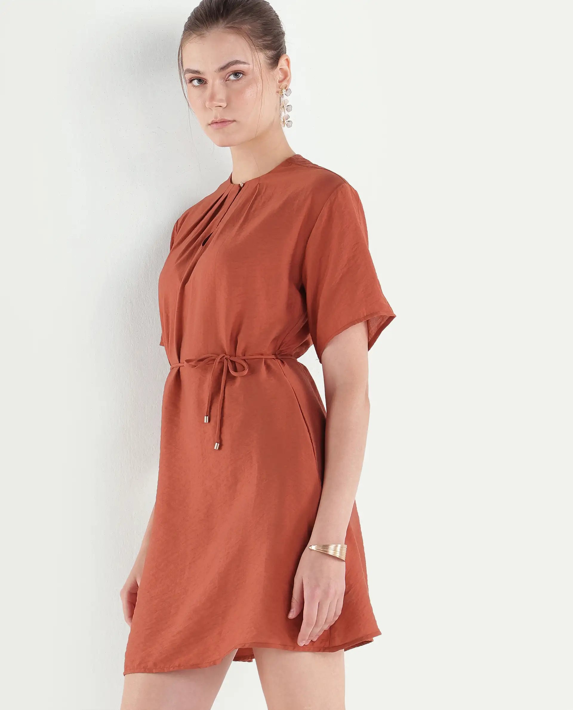 Rareism Women's Spado Primary Rust Viscose Blend Crew Neck A-Line Plain Dress