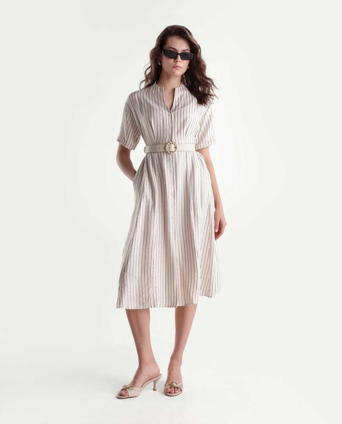 Rareism Women's Fisty Primary Beige Viscose Blend V-Neck Fit And Flare Striped Dress