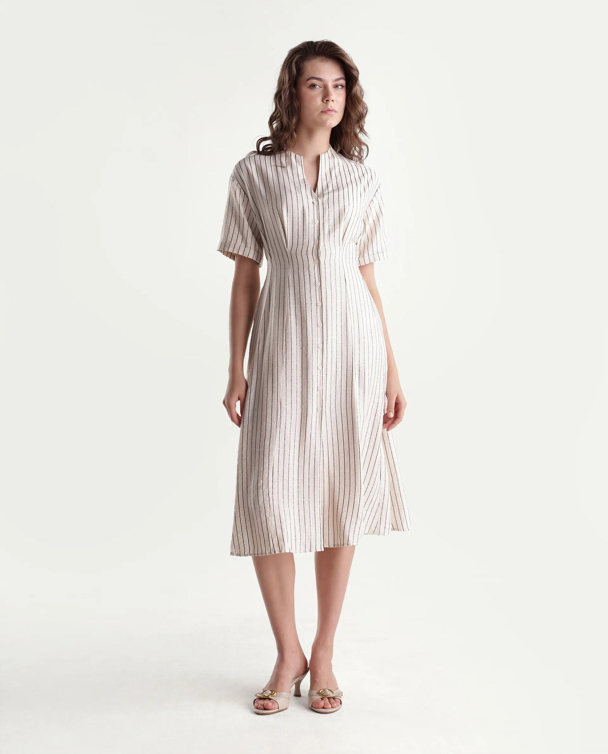 Rareism Women's Fisty Primary Beige Viscose Blend V-Neck Fit And Flare Striped Dress