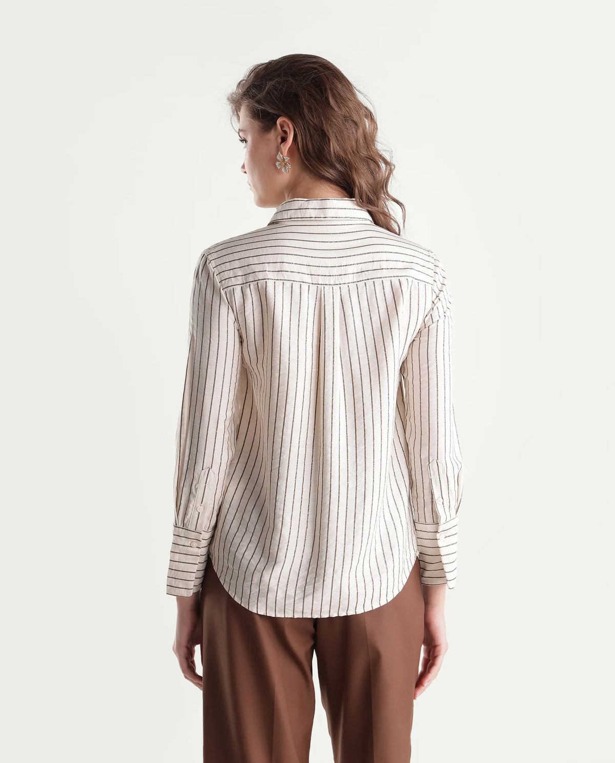 Rareism Women's Fist Primary Beige Viscose Blend Spread Collar Relaxed Striped Shirt