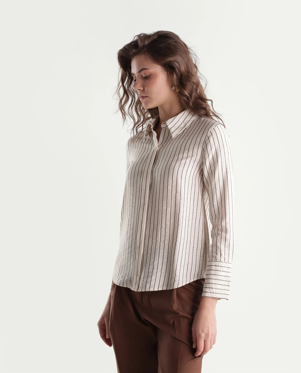 Rareism Women's Fist Primary Beige Viscose Blend Spread Collar Relaxed Striped Shirt