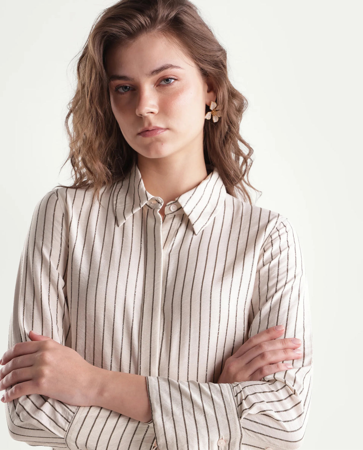 Rareism Women's Fist Primary Beige Viscose Blend Spread Collar Relaxed Striped Shirt
